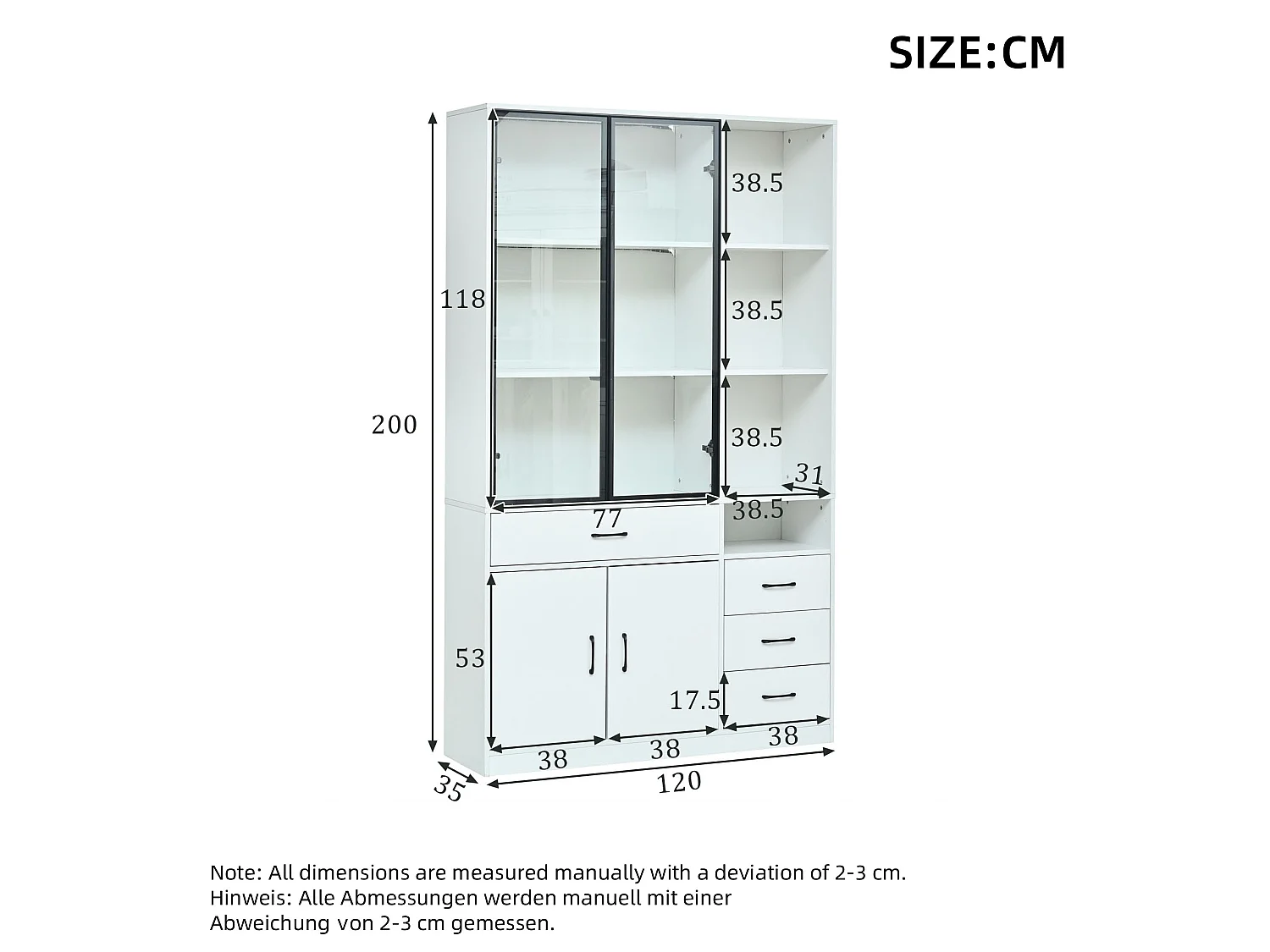Vitrine com iluminação LED - 120x35x200 cm - 13 compartimentos de armazenamento, 4 gavetas e 4 portas - Branco
