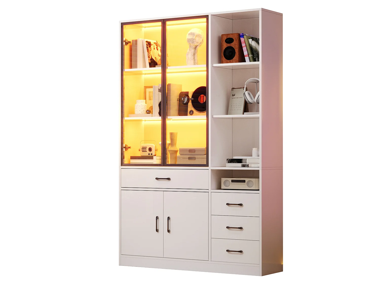 Vitrine com iluminação LED - 120x35x200 cm - 13 compartimentos de armazenamento, 4 gavetas e 4 portas - Branco