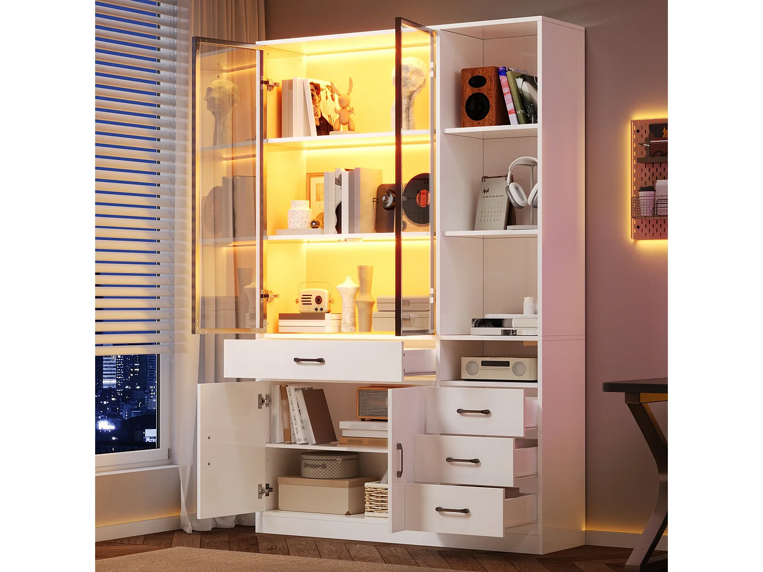 Vitrine com iluminação LED - 120x35x200 cm - 13 compartimentos de armazenamento, 4 gavetas e 4 portas - Branco