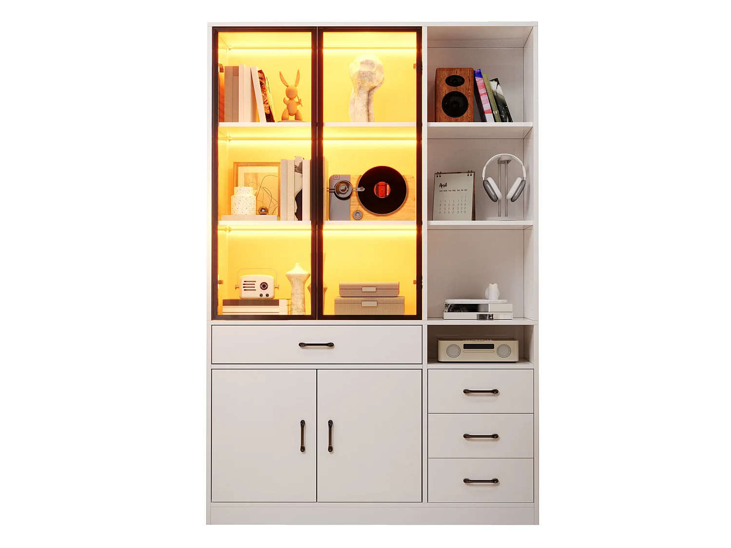 Vitrine com iluminação LED - 120x35x200 cm - 13 compartimentos de armazenamento, 4 gavetas e 4 portas - Branco