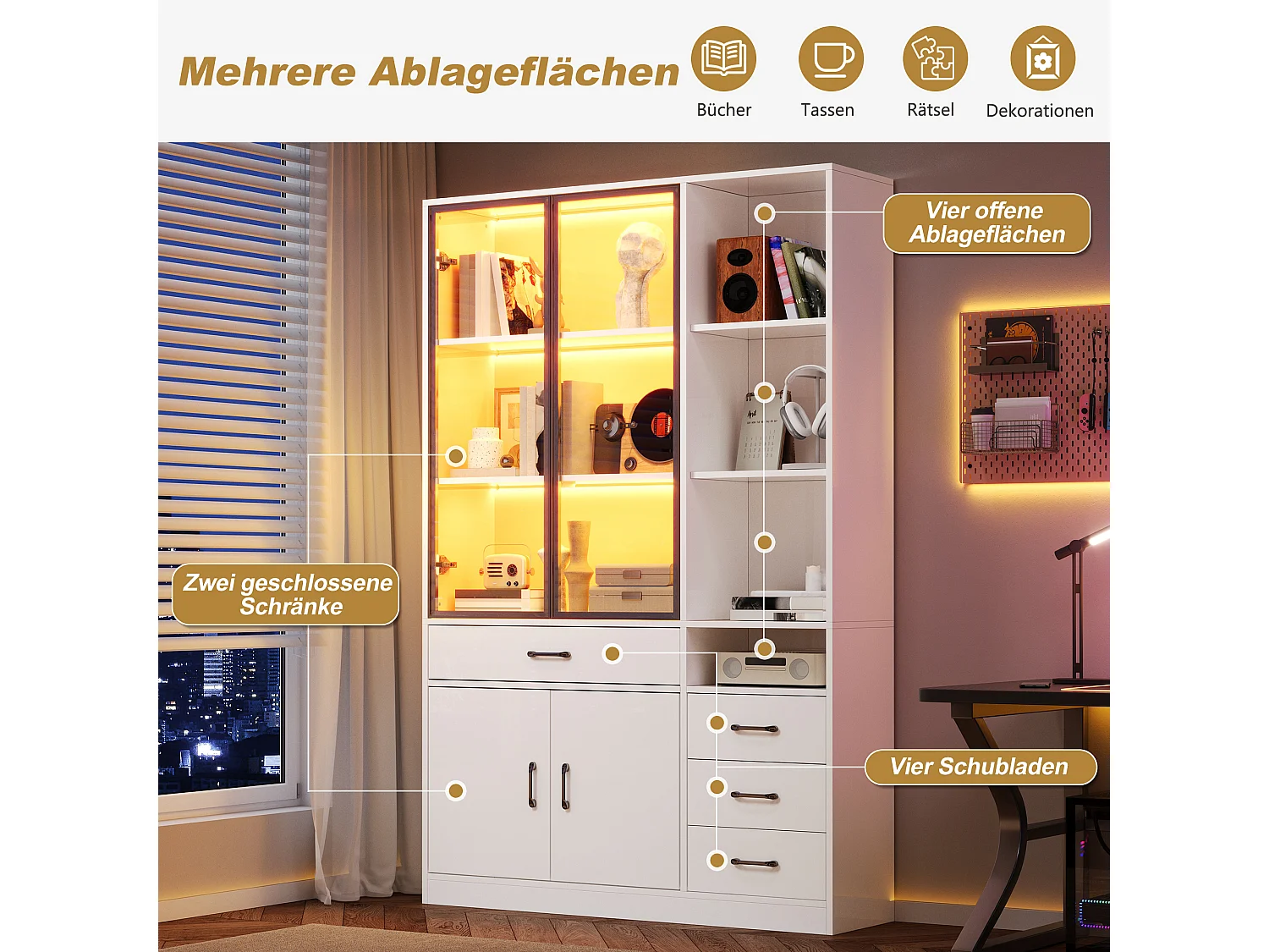 Vitrine com iluminação LED - 120x35x200 cm - 13 compartimentos de armazenamento, 4 gavetas e 4 portas - Branco