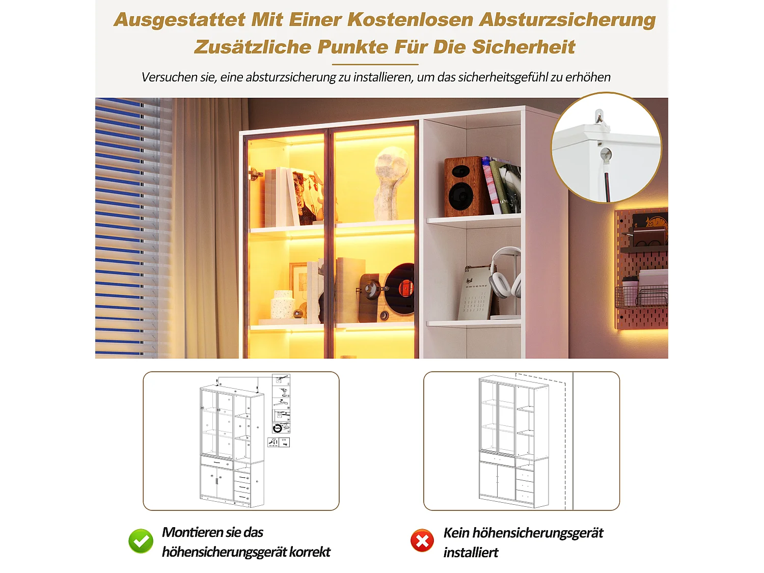 Vitrine com iluminação LED - 120x35x200 cm - 13 compartimentos de armazenamento, 4 gavetas e 4 portas - Branco