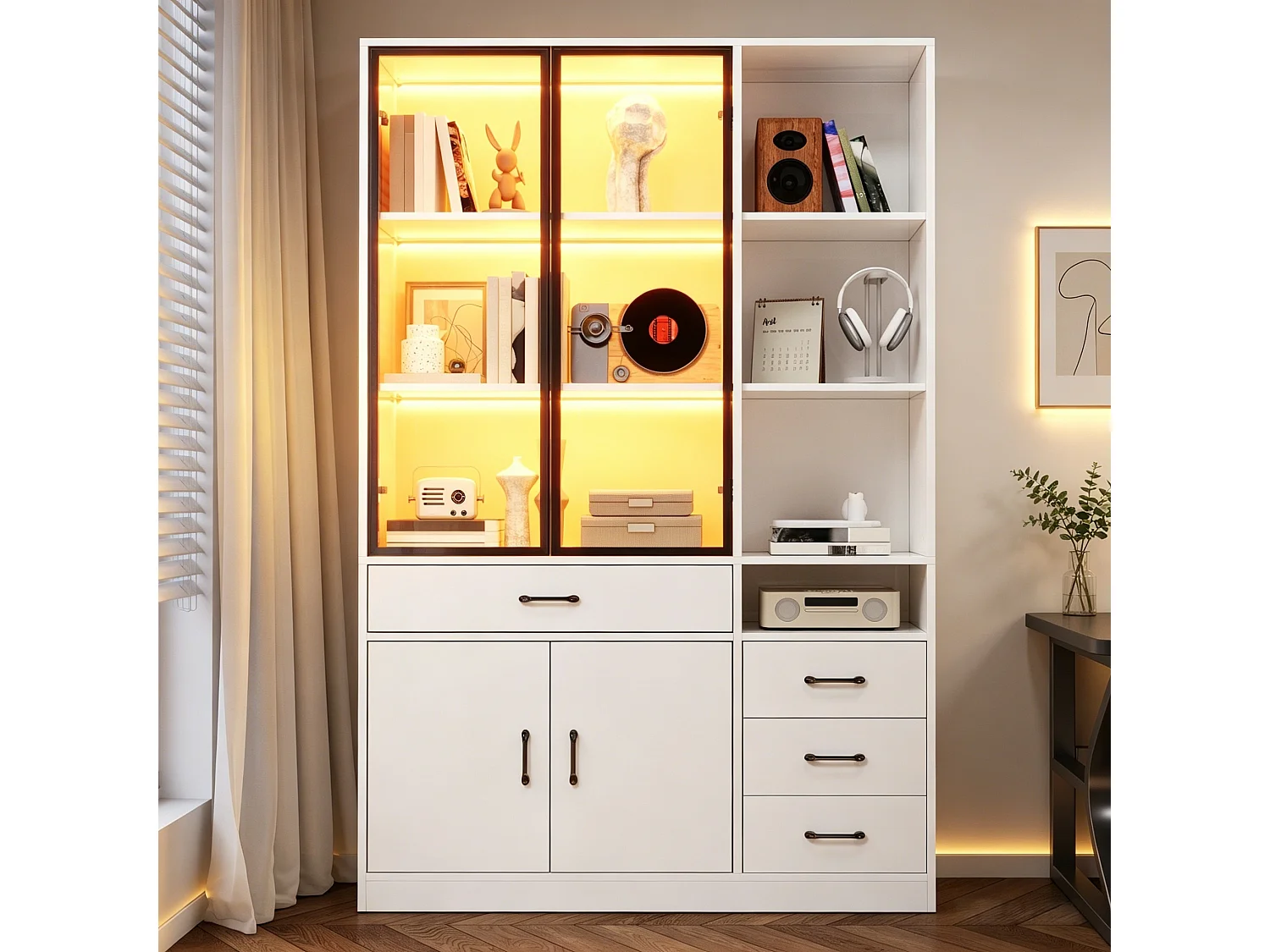 Vitrine com iluminação LED - 120x35x200 cm - 13 compartimentos de armazenamento, 4 gavetas e 4 portas - Branco