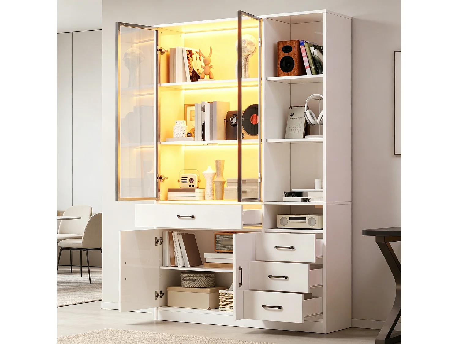 Vitrine com iluminação LED - 120x35x200 cm - 13 compartimentos de armazenamento, 4 gavetas e 4 portas - Branco
