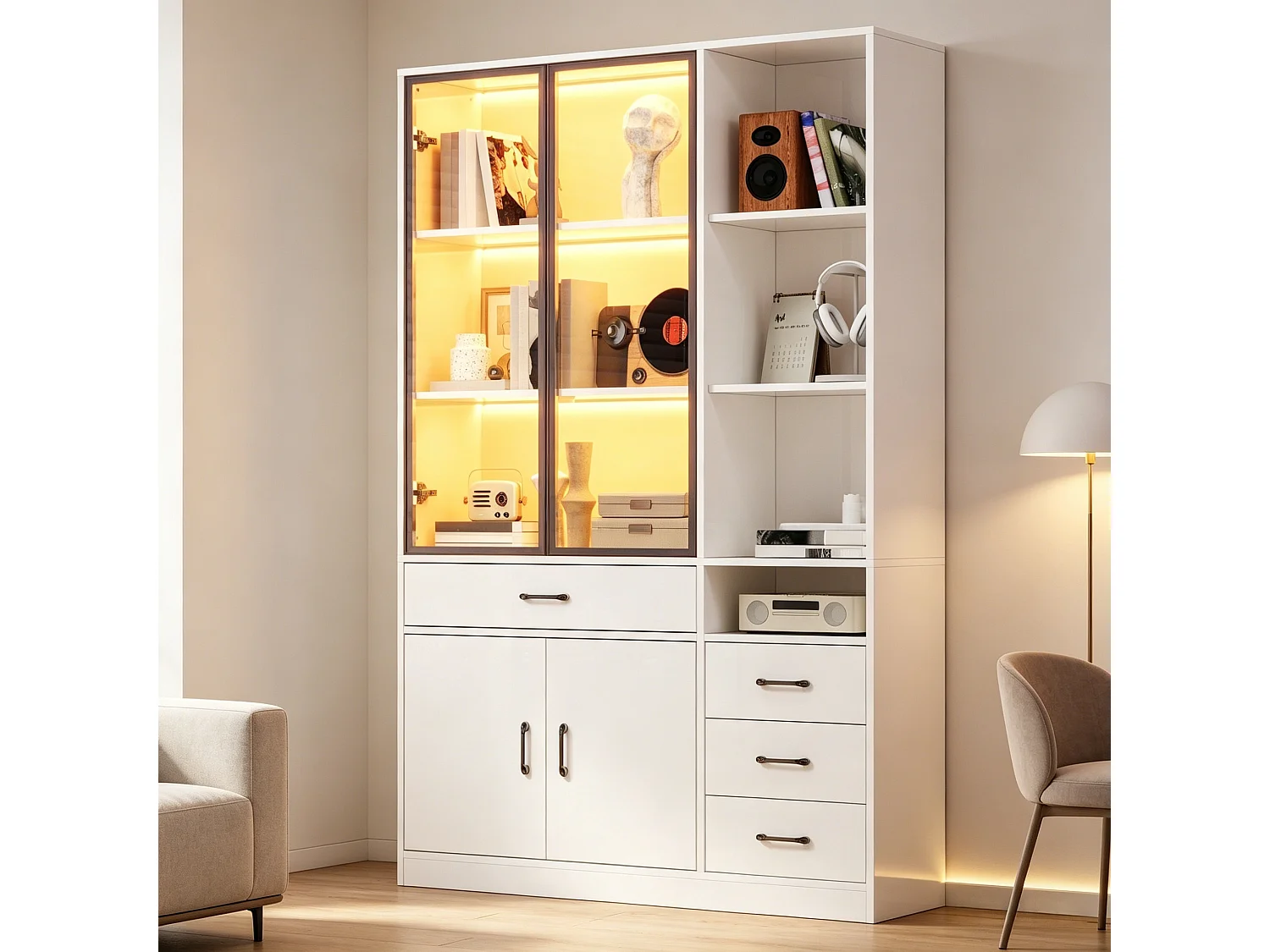 Vitrine com iluminação LED - 120x35x200 cm - 13 compartimentos de armazenamento, 4 gavetas e 4 portas - Branco