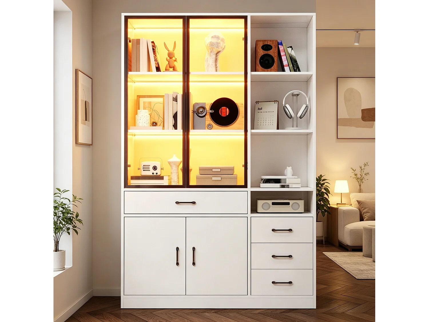 Vitrine com iluminação LED - 120x35x200 cm - 13 compartimentos de armazenamento, 4 gavetas e 4 portas - Branco