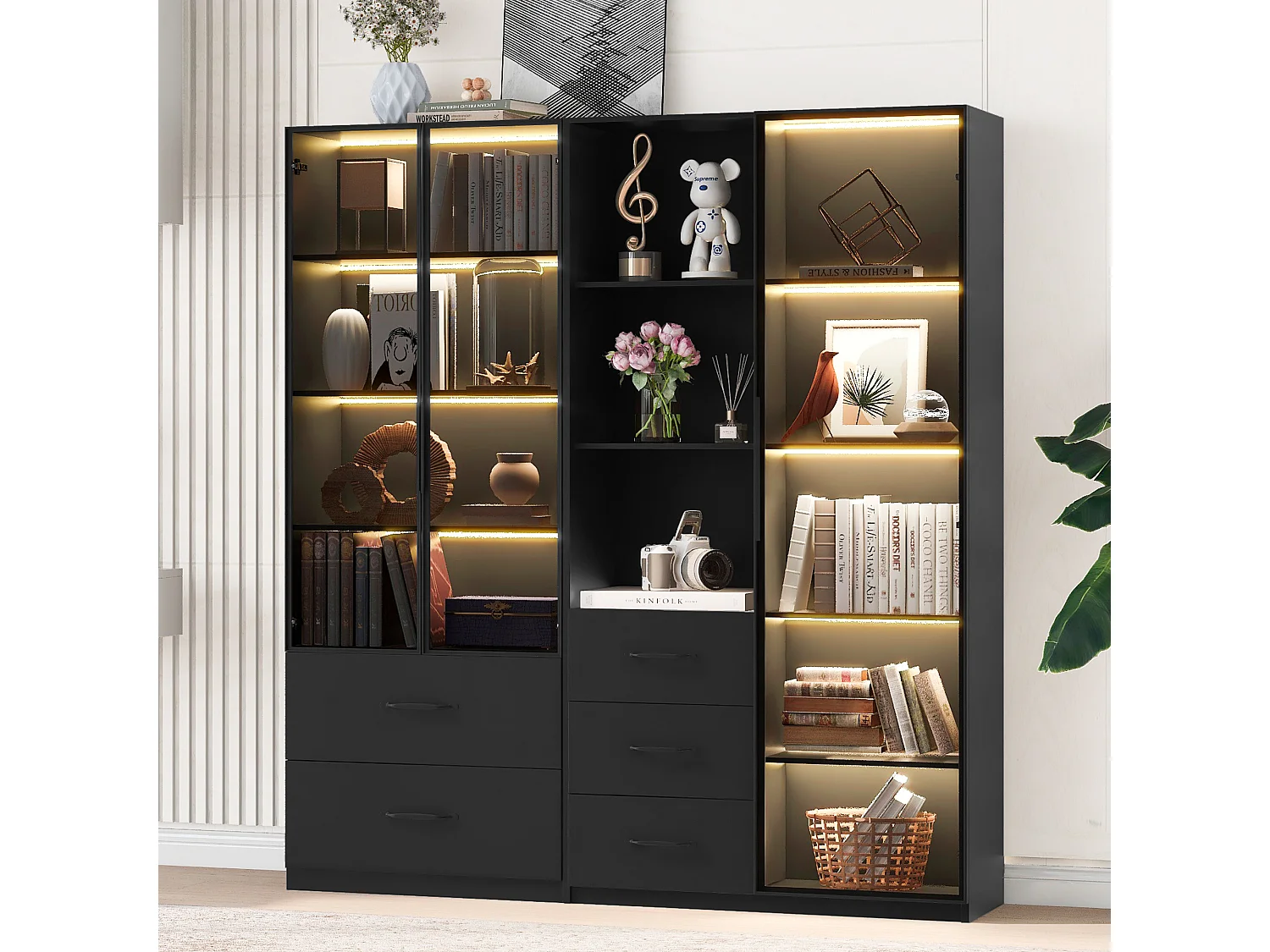 Vitrine en verre 140×40×160 cm - Avec éclairage LED - 3 portes vitrées et 5 tiroirs - Avec étagères ouvertes - Noir