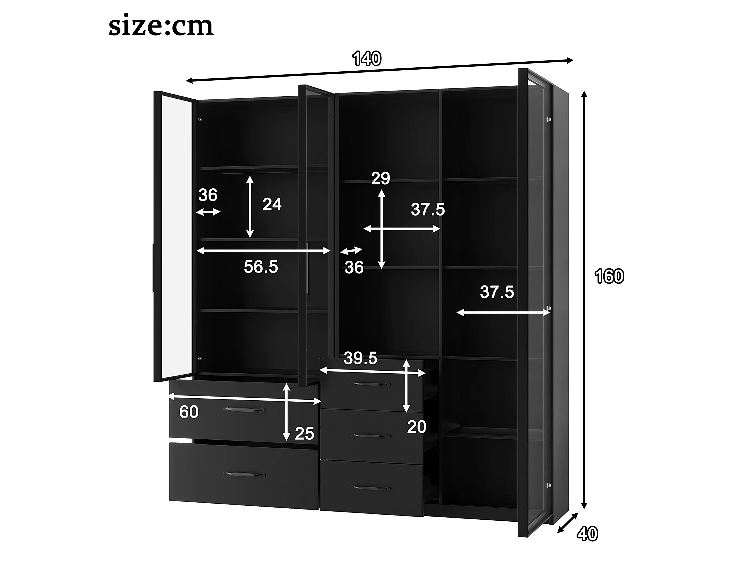 Vitrine en verre 140×40×160 cm - Avec éclairage LED - 3 portes vitrées et 5 tiroirs - Avec étagères ouvertes - Noir