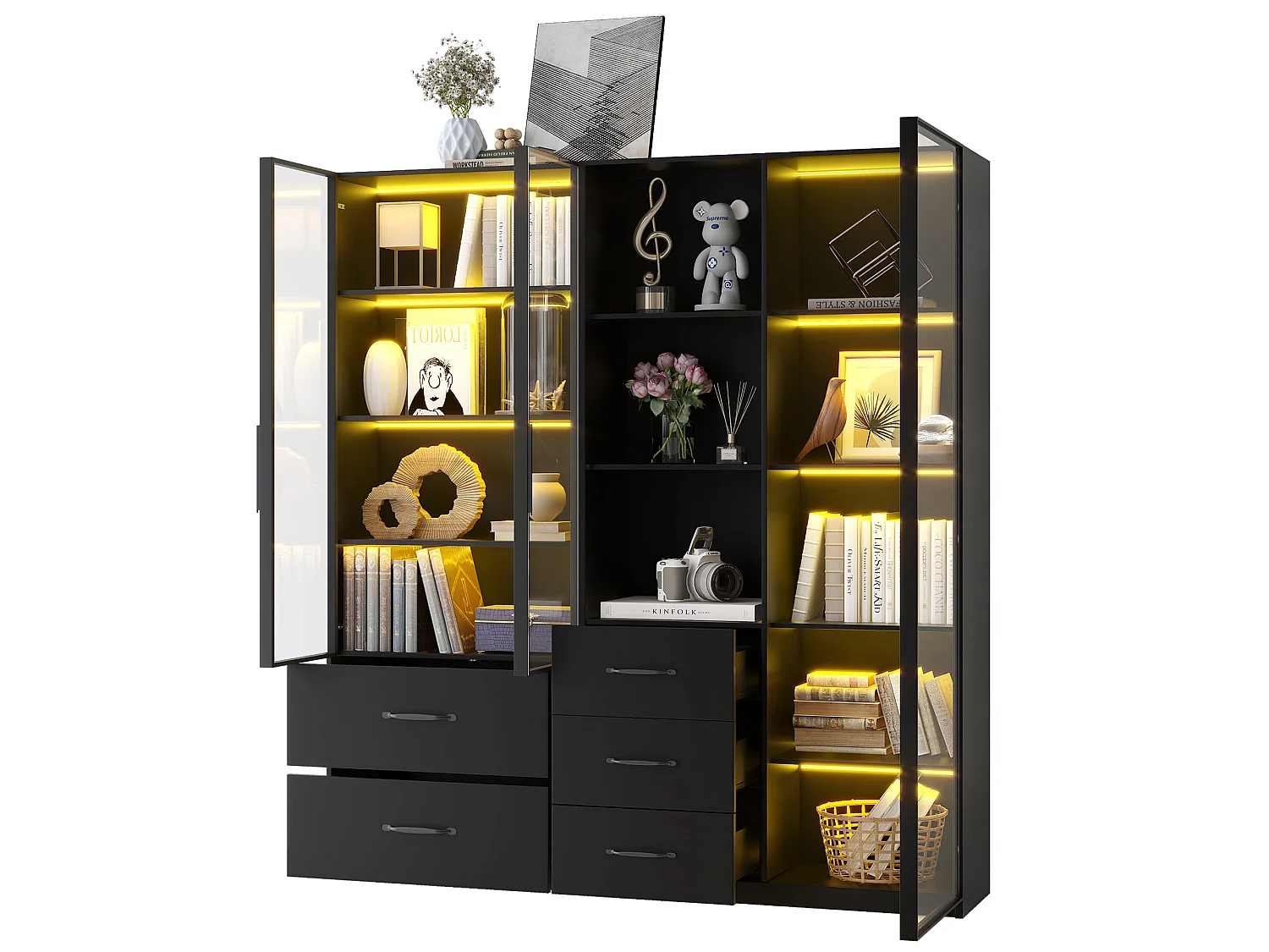 Vitrine en verre 140×40×160 cm - Avec éclairage LED - 3 portes vitrées et 5 tiroirs - Avec étagères ouvertes - Noir