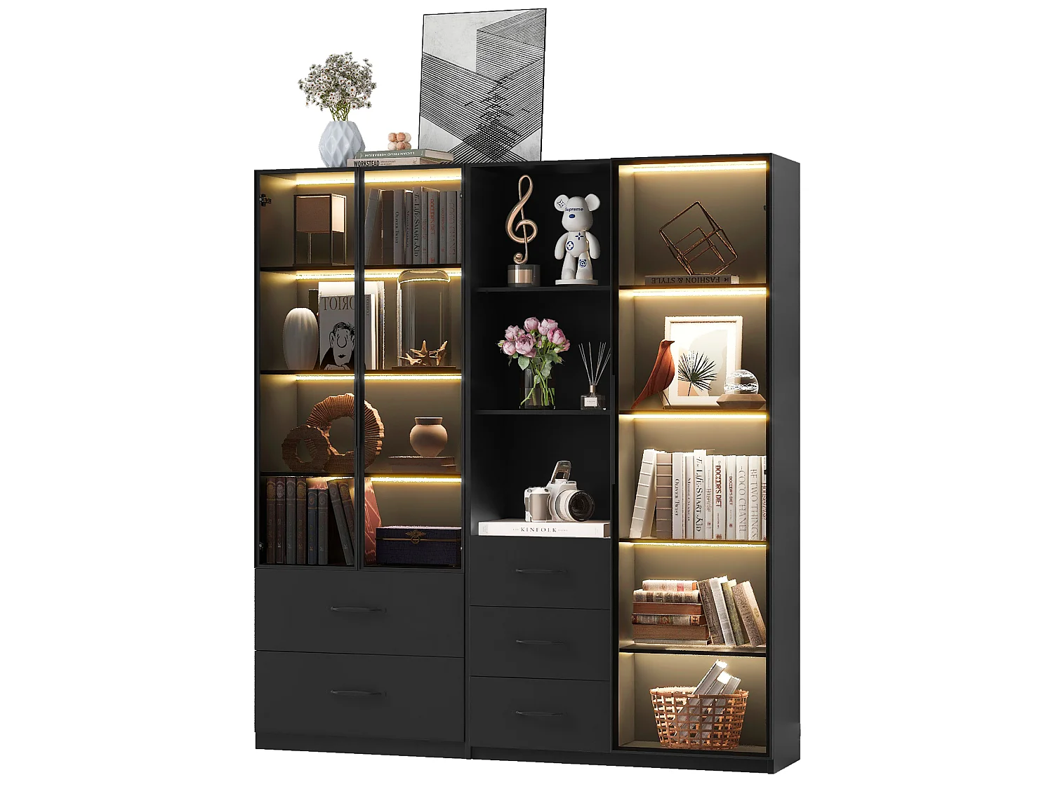 Vitrine en verre 140×40×160 cm - Avec éclairage LED - 3 portes vitrées et 5 tiroirs - Avec étagères ouvertes - Noir