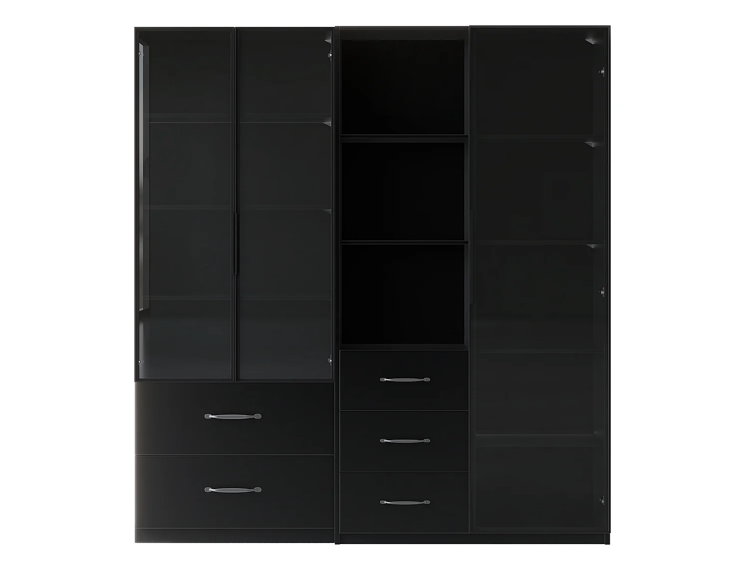 Vitrine en verre 140×40×160 cm - Avec éclairage LED - 3 portes vitrées et 5 tiroirs - Avec étagères ouvertes - Noir