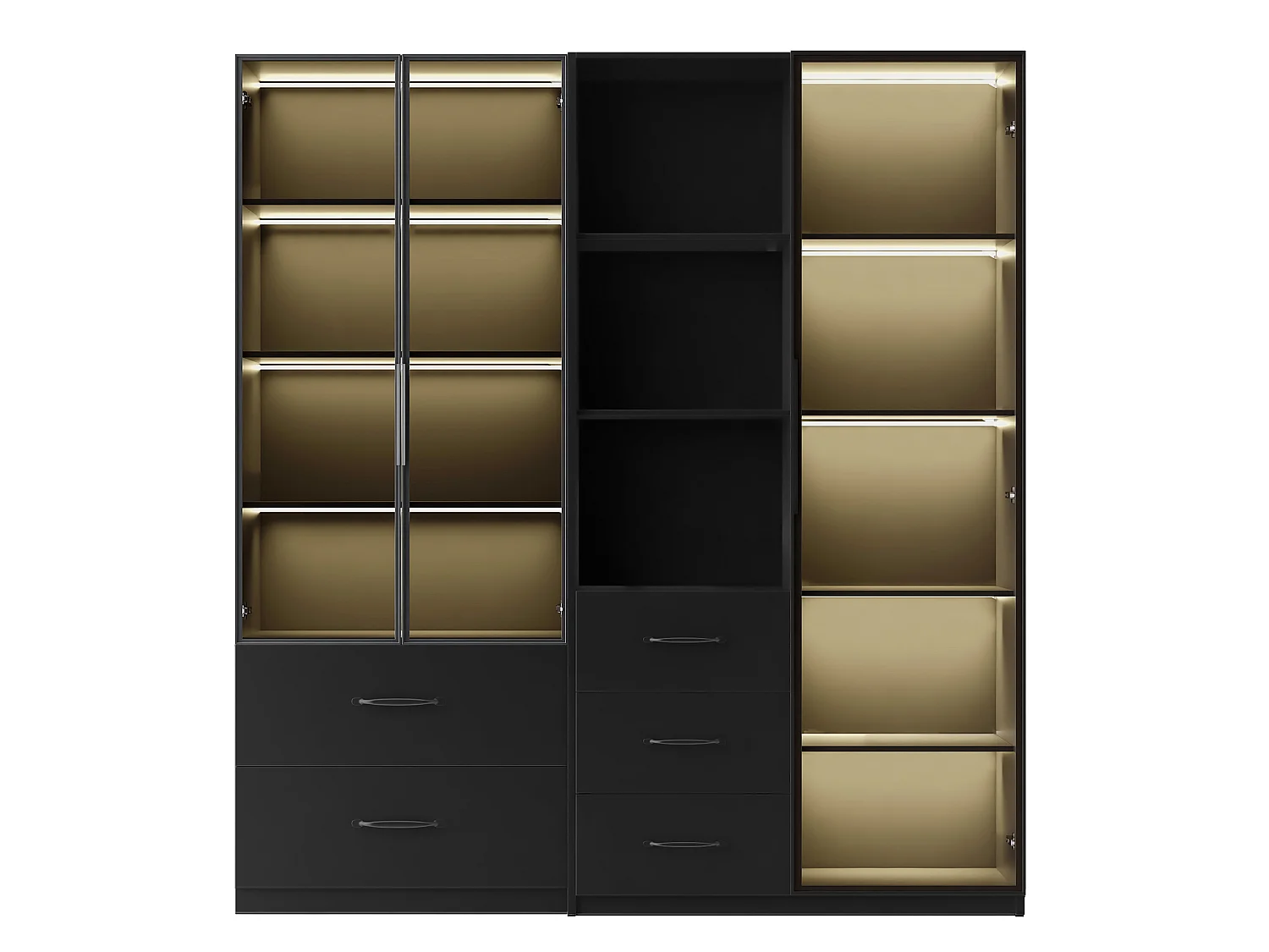 Vitrine en verre 140×40×160 cm - Avec éclairage LED - 3 portes vitrées et 5 tiroirs - Avec étagères ouvertes - Noir