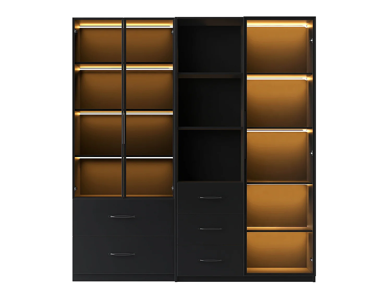 Vitrine en verre 140×40×160 cm - Avec éclairage LED - 3 portes vitrées et 5 tiroirs - Avec étagères ouvertes - Noir