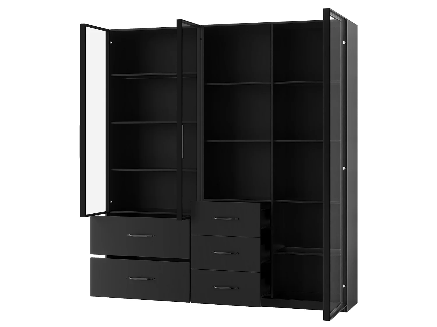 Vitrine en verre 140×40×160 cm - Avec éclairage LED - 3 portes vitrées et 5 tiroirs - Avec étagères ouvertes - Noir
