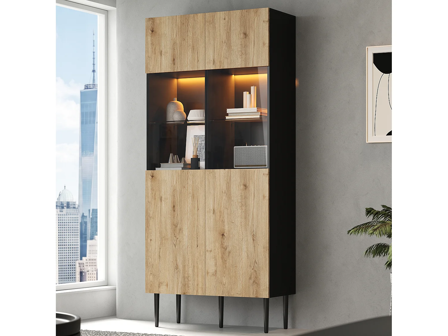 Vitrine moderna 80x35x180 cm - Iluminação LED - 10 compartimentos de armazenamento e portas de vidro - MDF - Cor natural