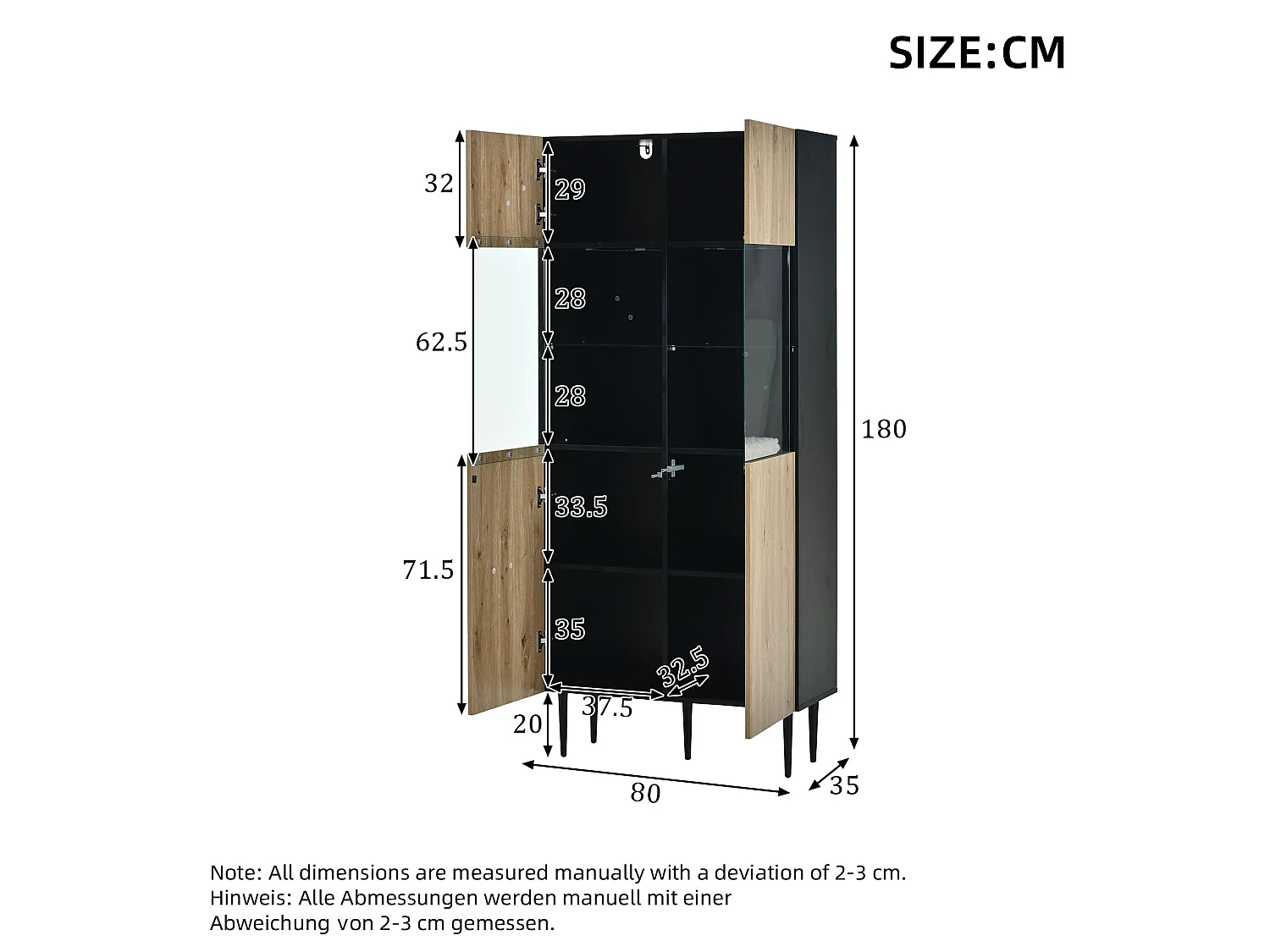 Vitrine moderna 80x35x180 cm - Iluminação LED - 10 compartimentos de armazenamento e portas de vidro - MDF - Cor natural
