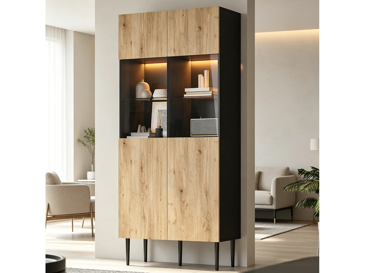 Vitrine moderna 80x35x180 cm - Iluminação LED - 10 compartimentos de armazenamento e portas de vidro - MDF - Cor natural