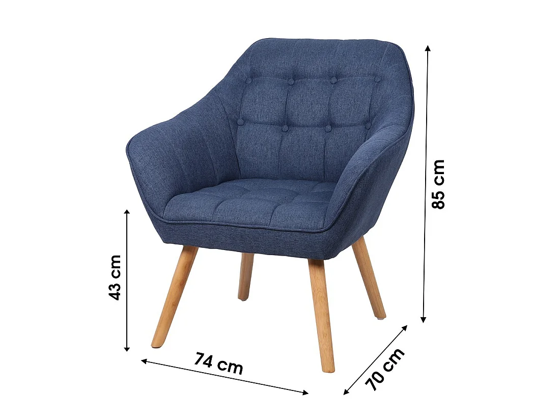Sillón de tela azul con patas de madera - 74x70xH85 cm, altura del asiento 43 cm - Colección ARCTIKA