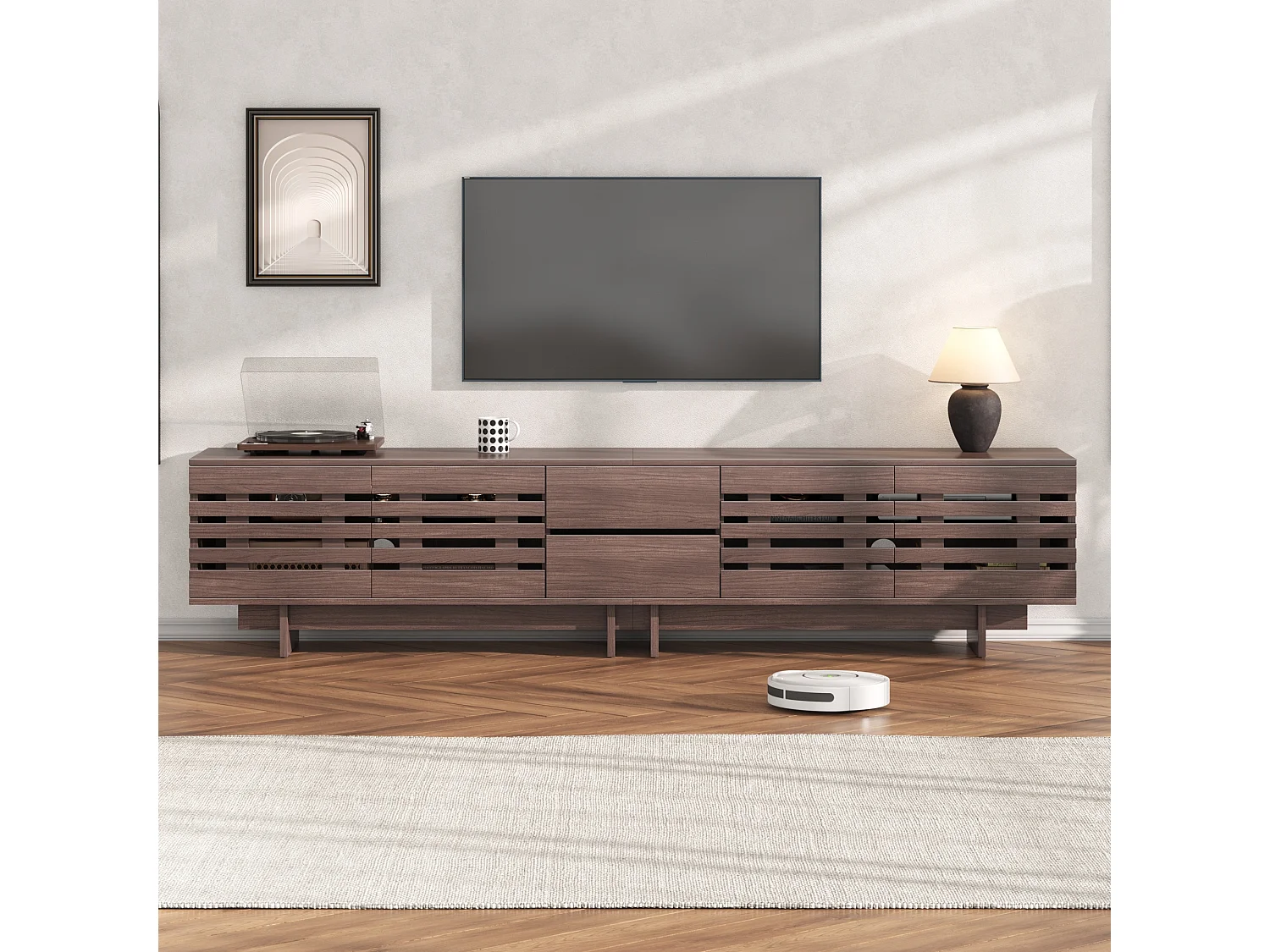 Modern TV-bänk 200 x 39,5 x 55 cm - 4 dörrar, 2 lådor och 6 förvaringsfack - MDF - Brun