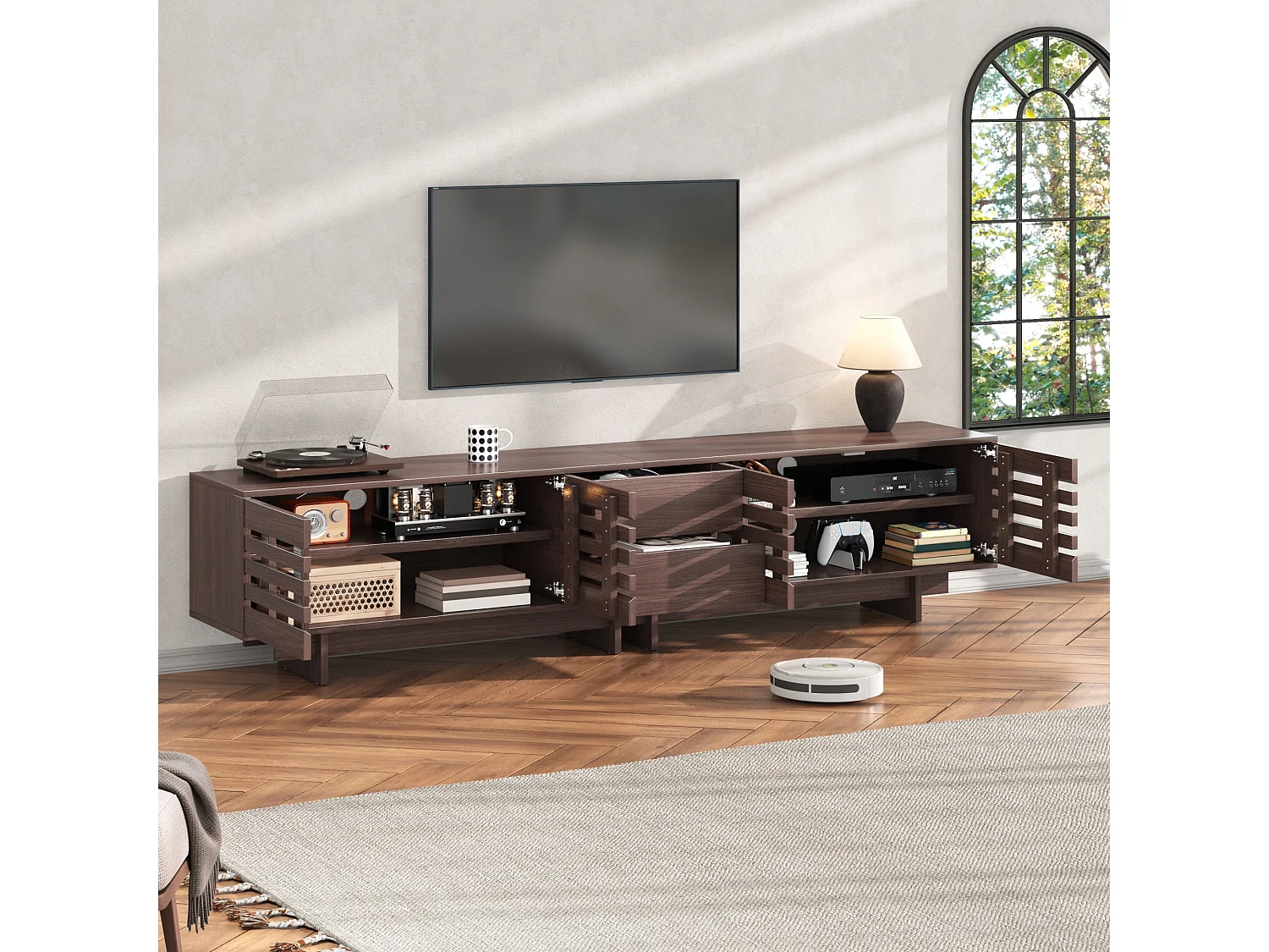 Modern TV-bänk 200 x 39,5 x 55 cm - 4 dörrar, 2 lådor och 6 förvaringsfack - MDF - Brun