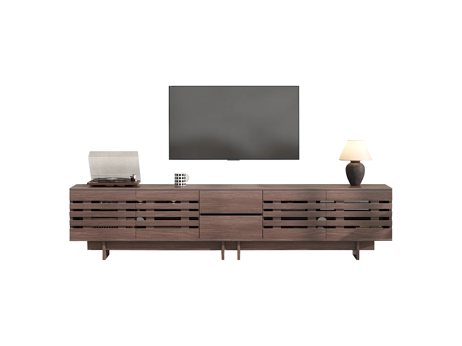 Modern TV-bänk 200 x 39,5 x 55 cm - 4 dörrar, 2 lådor och 6 förvaringsfack - MDF - Brun
