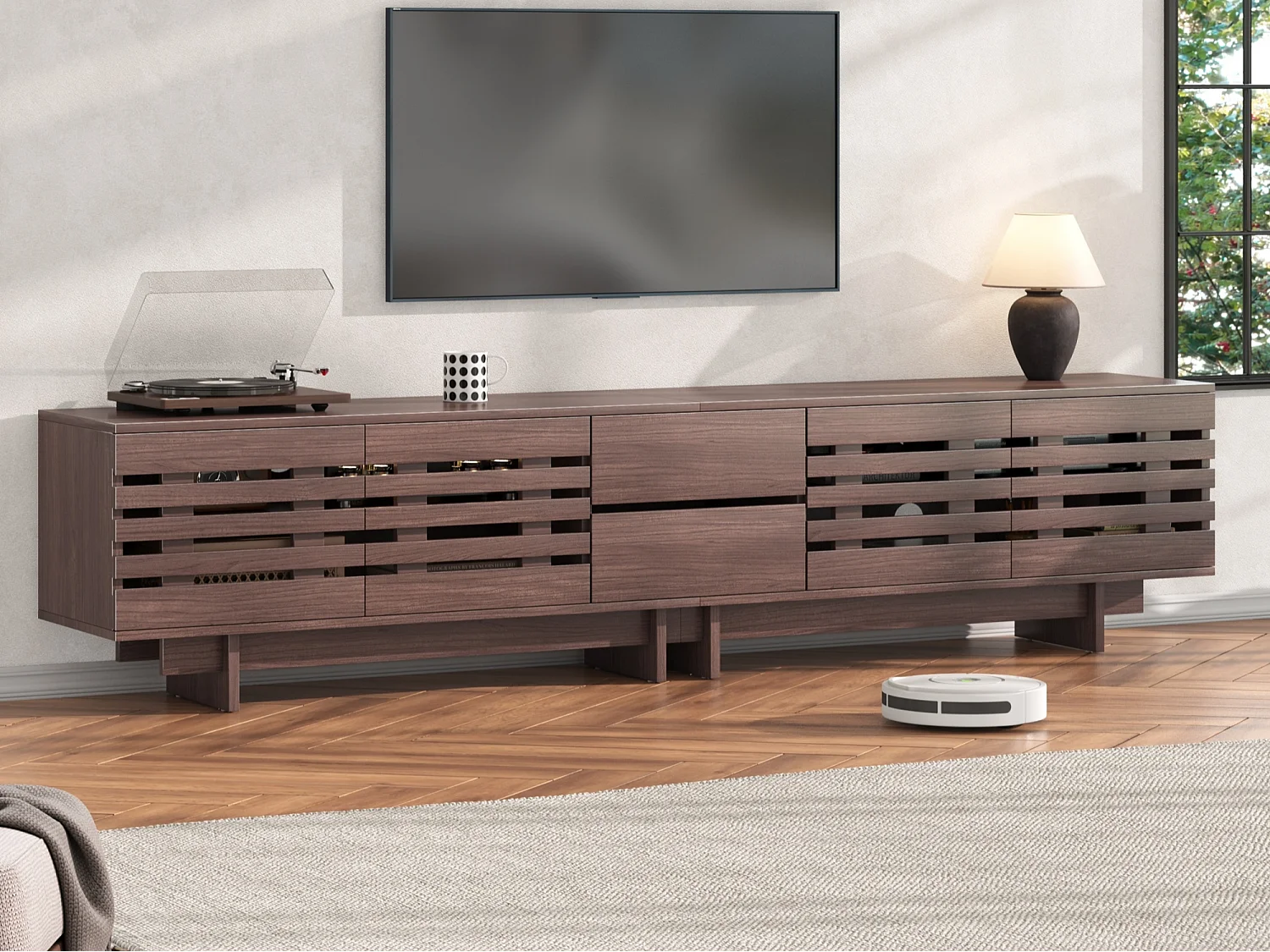 Modern TV-bänk 200 x 39,5 x 55 cm - 4 dörrar, 2 lådor och 6 förvaringsfack - MDF - Brun