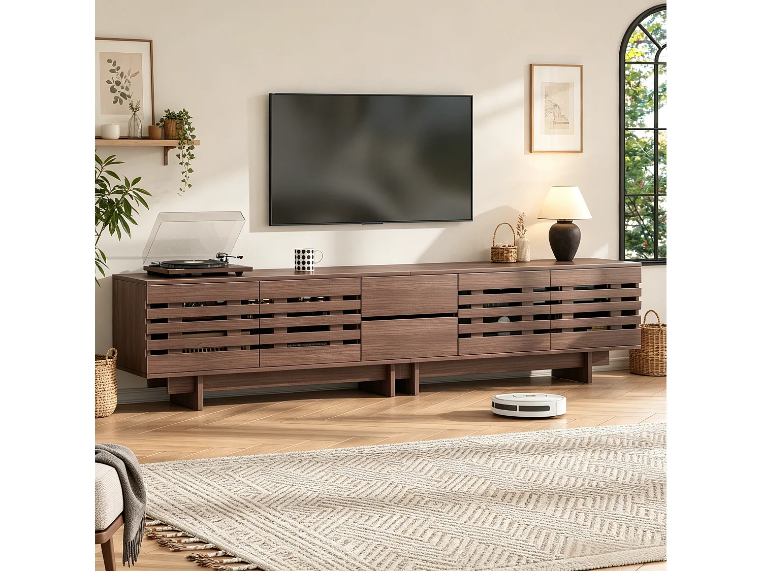 Modern TV-bänk 200 x 39,5 x 55 cm - 4 dörrar, 2 lådor och 6 förvaringsfack - MDF - Brun