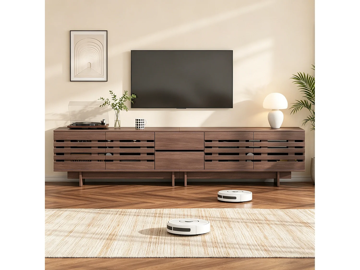 Modern TV-bänk 200 x 39,5 x 55 cm - 4 dörrar, 2 lådor och 6 förvaringsfack - MDF - Brun