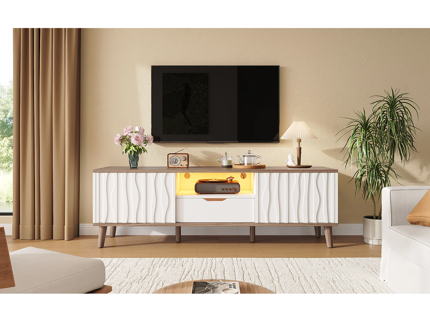 Meuble TV LED avec 2 portes coulissante et 1 tiroirs - Blanc et Noyer foncé 160 x 40 x 52 cm