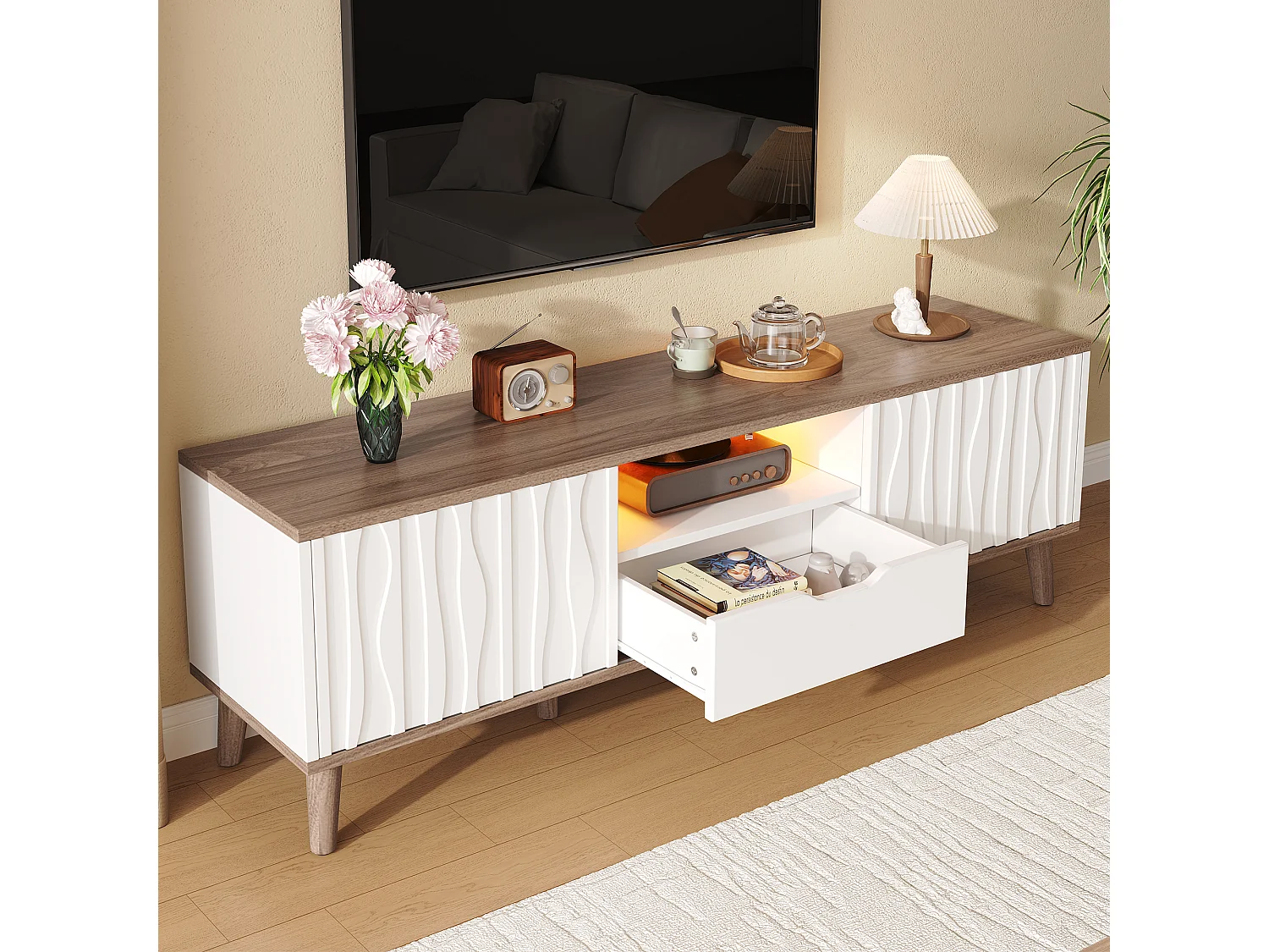 Meuble TV LED avec 2 portes coulissante et 1 tiroirs - Blanc et Noyer foncé 160 x 40 x 52 cm