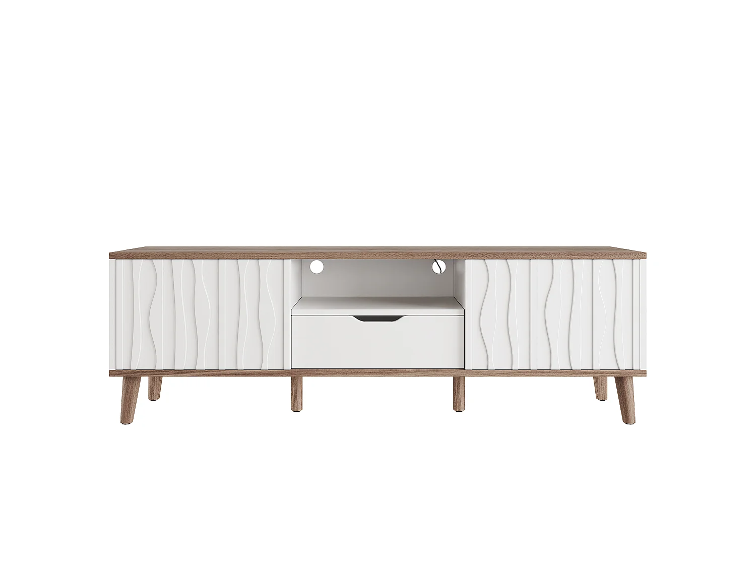 Meuble TV LED avec 2 portes coulissante et 1 tiroirs - Blanc et Noyer foncé 160 x 40 x 52 cm
