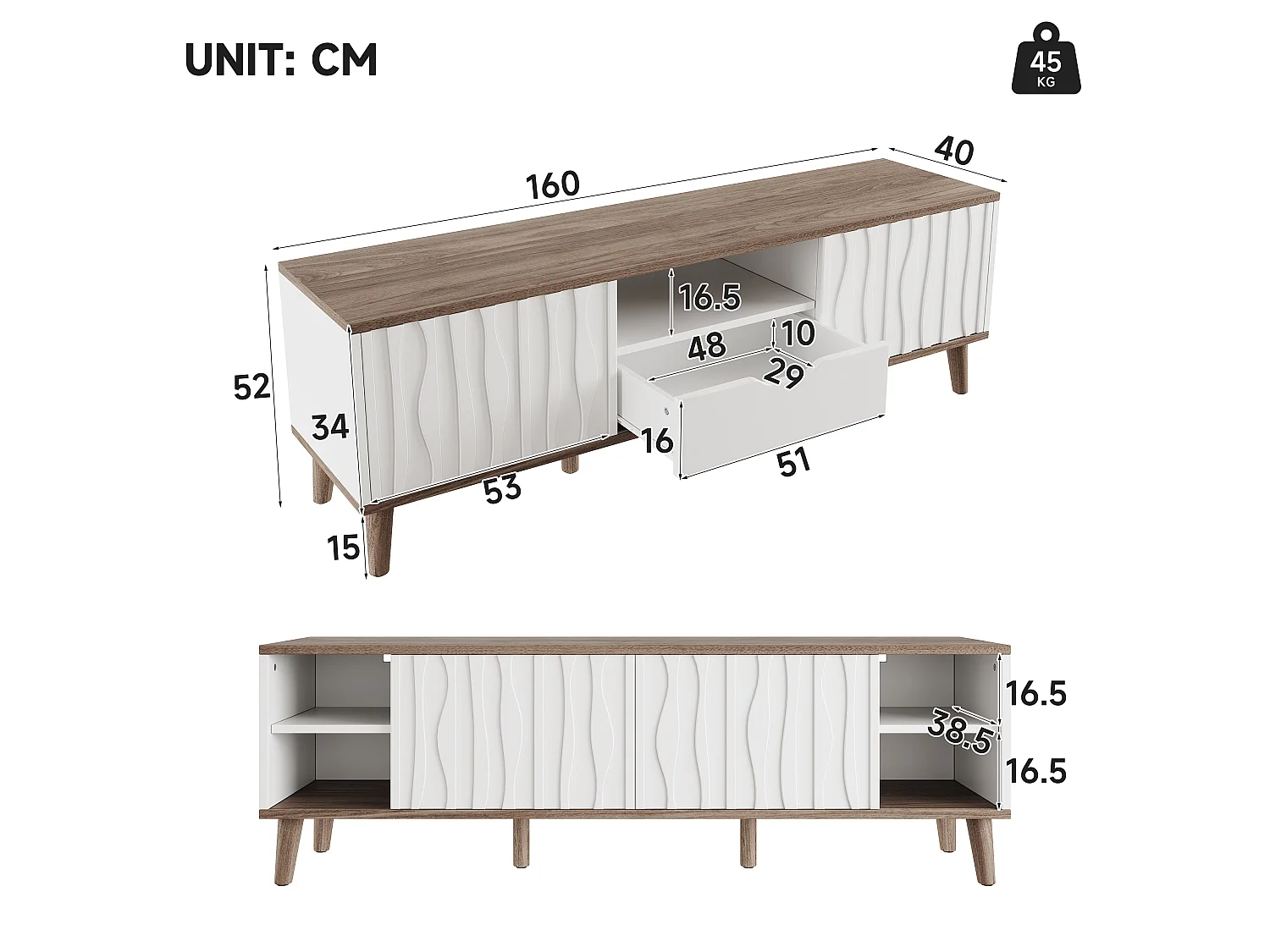 Meuble TV LED avec 2 portes coulissante et 1 tiroirs - Blanc et Noyer foncé 160 x 40 x 52 cm