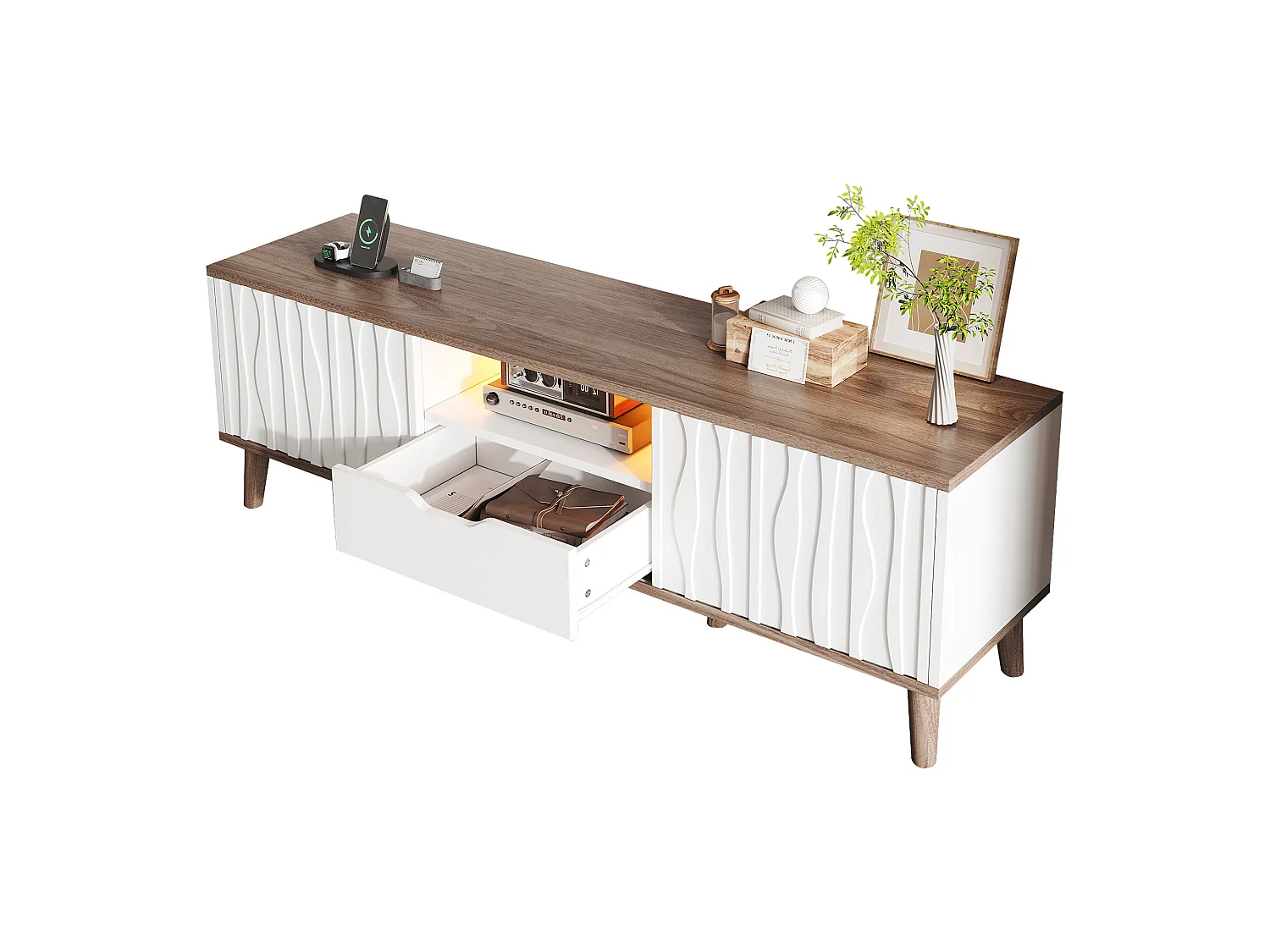 Meuble TV LED avec 2 portes coulissante et 1 tiroirs - Blanc et Noyer foncé 160 x 40 x 52 cm