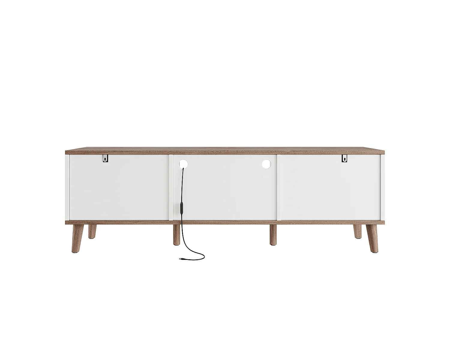 Meuble TV LED avec 2 portes coulissante et 1 tiroirs - Blanc et Noyer foncé 160 x 40 x 52 cm