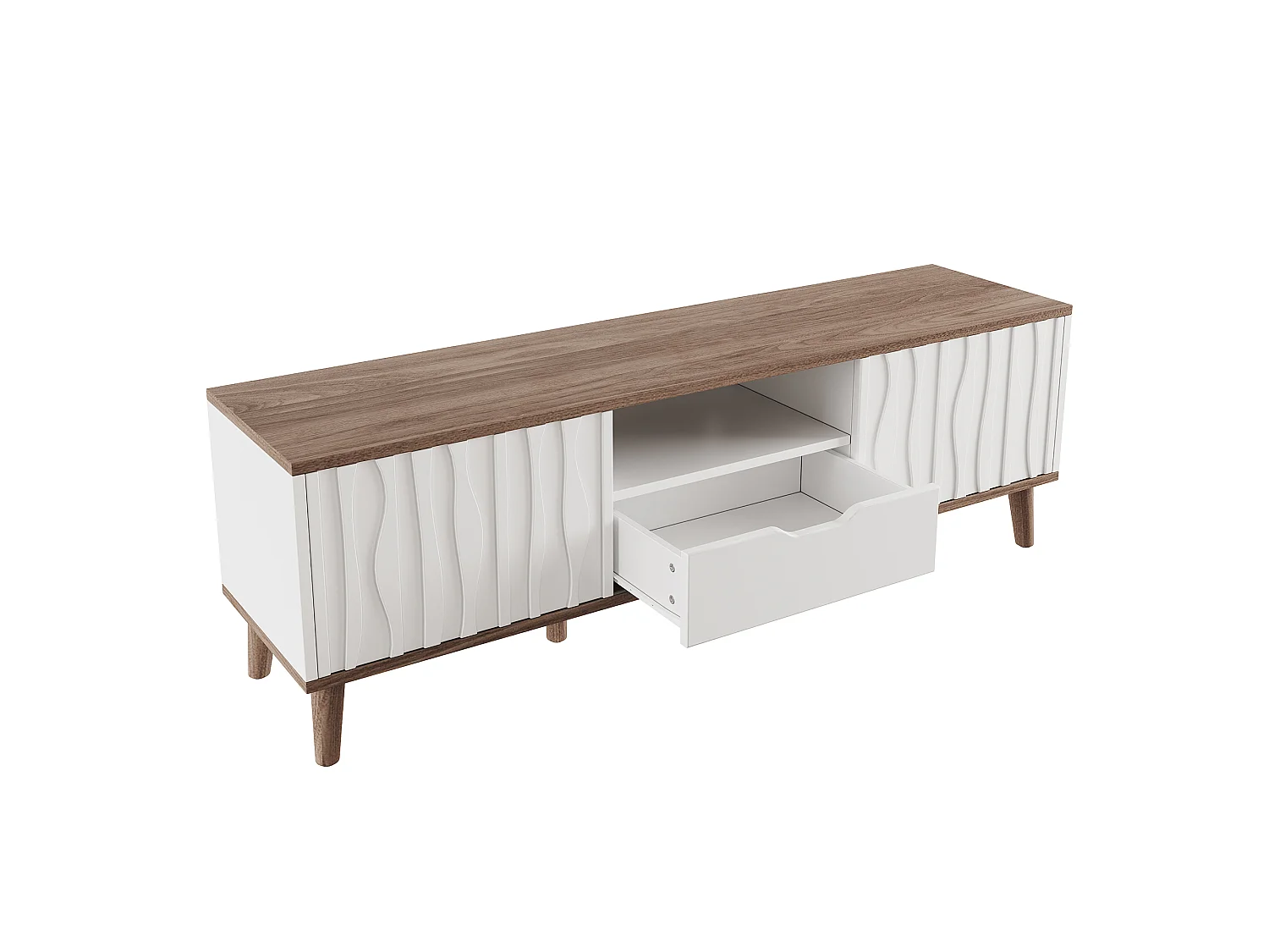 Meuble TV LED avec 2 portes coulissante et 1 tiroirs - Blanc et Noyer foncé 160 x 40 x 52 cm