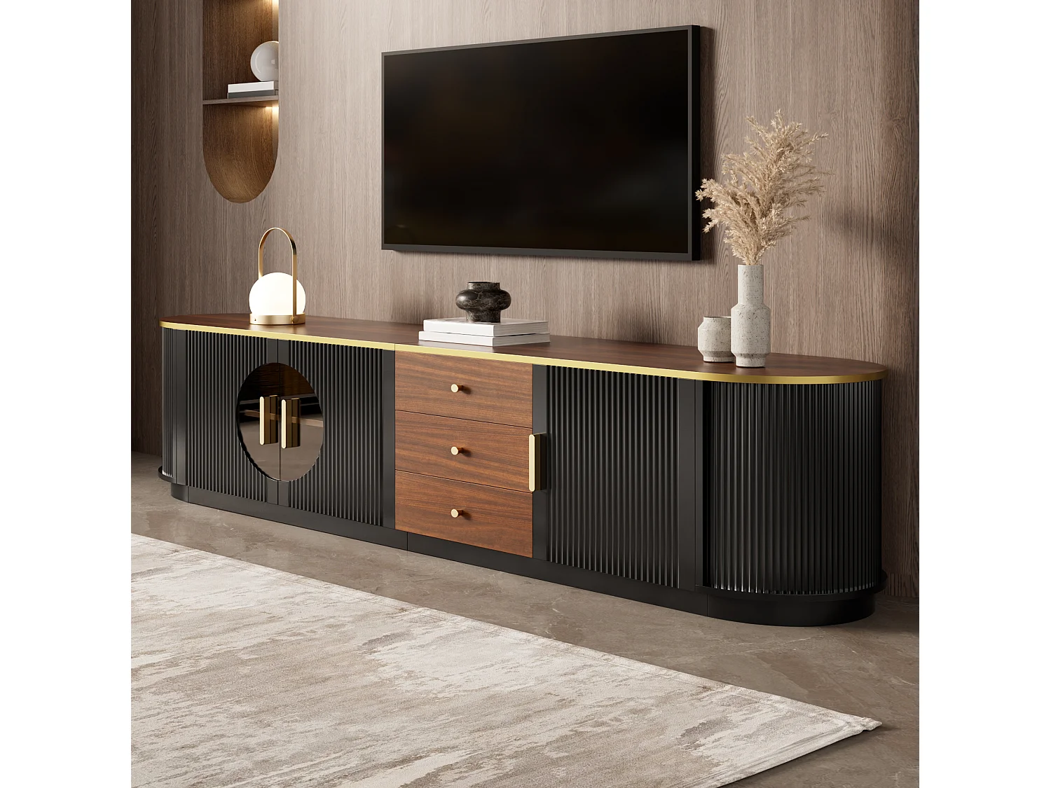 Meuble TV de luxe 180x40x46cm - 3 portes et 3 tiroirs - Verre brun - Angles arrondis - MDF - Noir