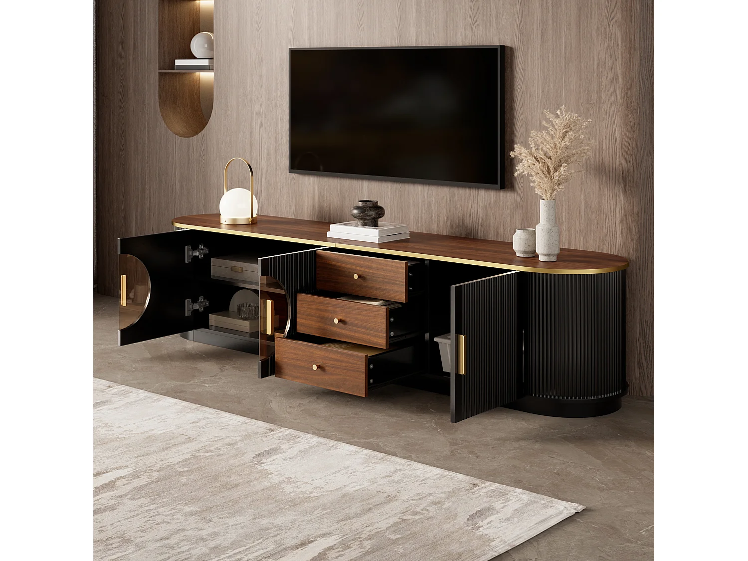 Meuble TV de luxe 180x40x46cm - 3 portes et 3 tiroirs - Verre brun - Angles arrondis - MDF - Noir