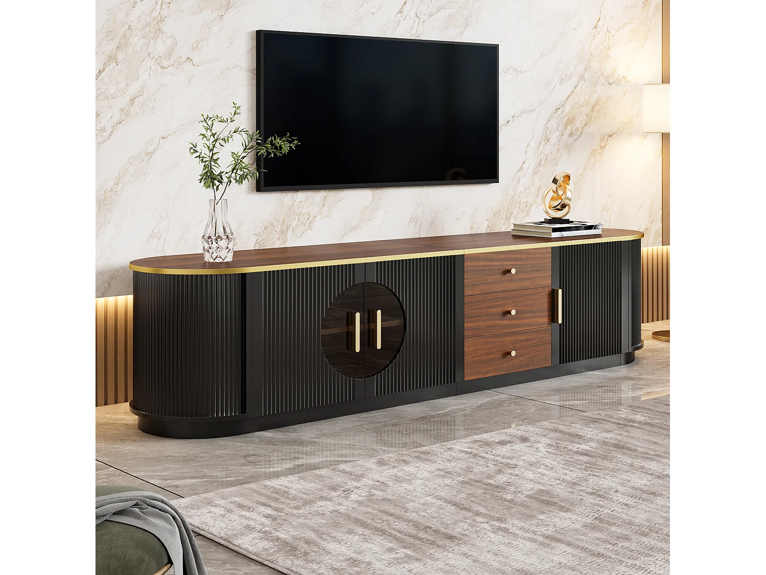 Meuble TV de luxe 180x40x46cm - 3 portes et 3 tiroirs - Verre brun - Angles arrondis - MDF - Noir
