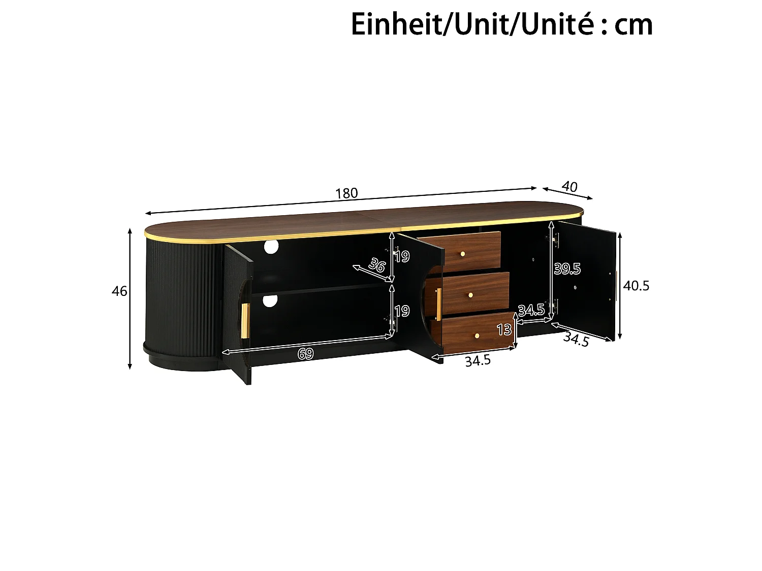 Meuble TV de luxe 180x40x46cm - 3 portes et 3 tiroirs - Verre brun - Angles arrondis - MDF - Noir