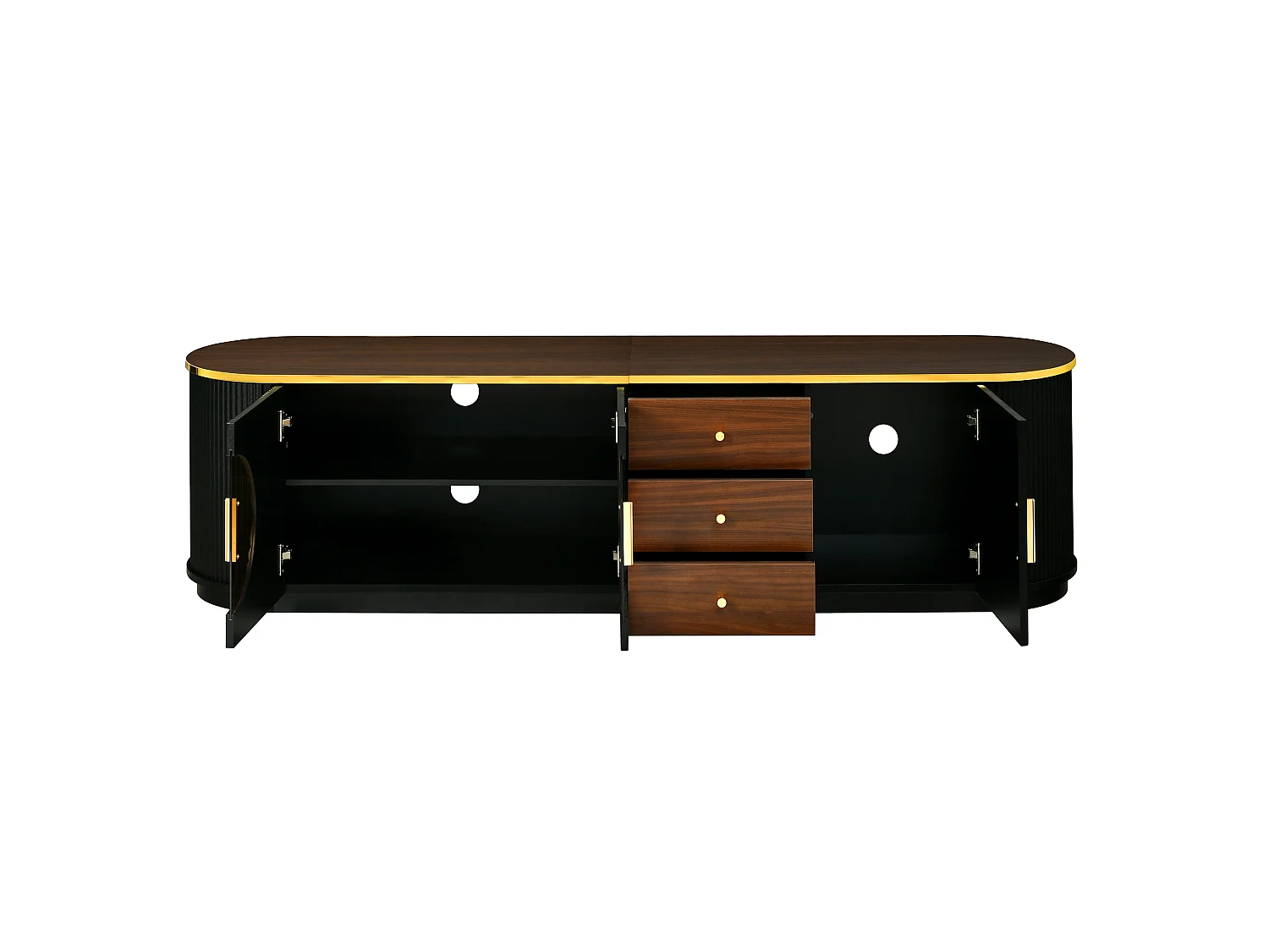 Meuble TV de luxe 180x40x46cm - 3 portes et 3 tiroirs - Verre brun - Angles arrondis - MDF - Noir