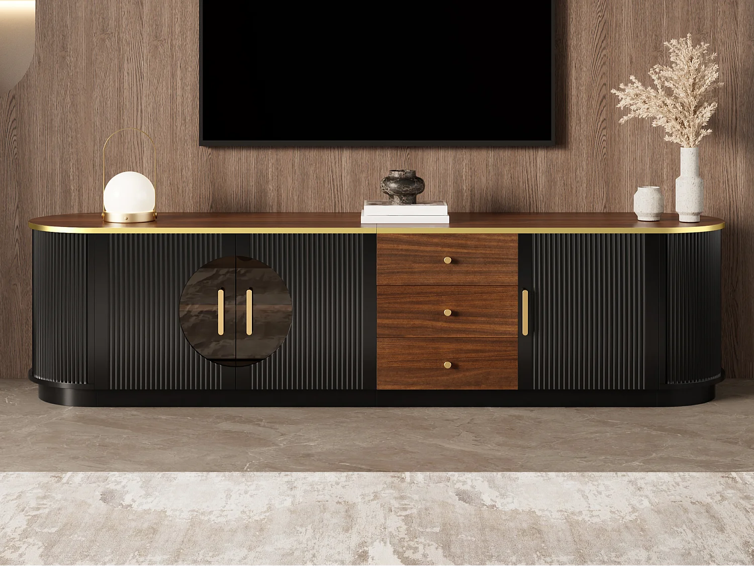 Meuble TV de luxe 180x40x46cm - 3 portes et 3 tiroirs - Verre brun - Angles arrondis - MDF - Noir