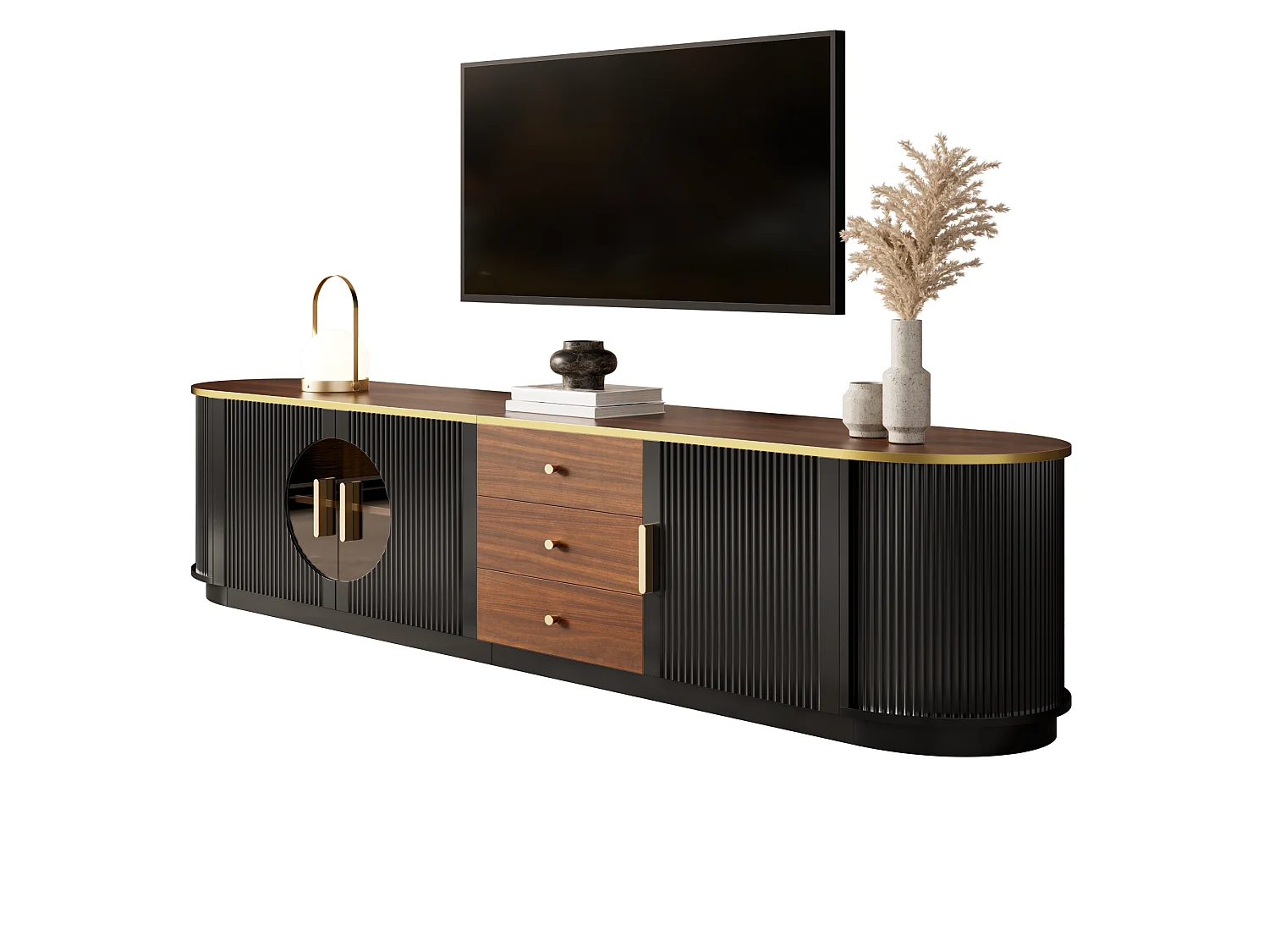 Meuble TV de luxe 180x40x46cm - 3 portes et 3 tiroirs - Verre brun - Angles arrondis - MDF - Noir
