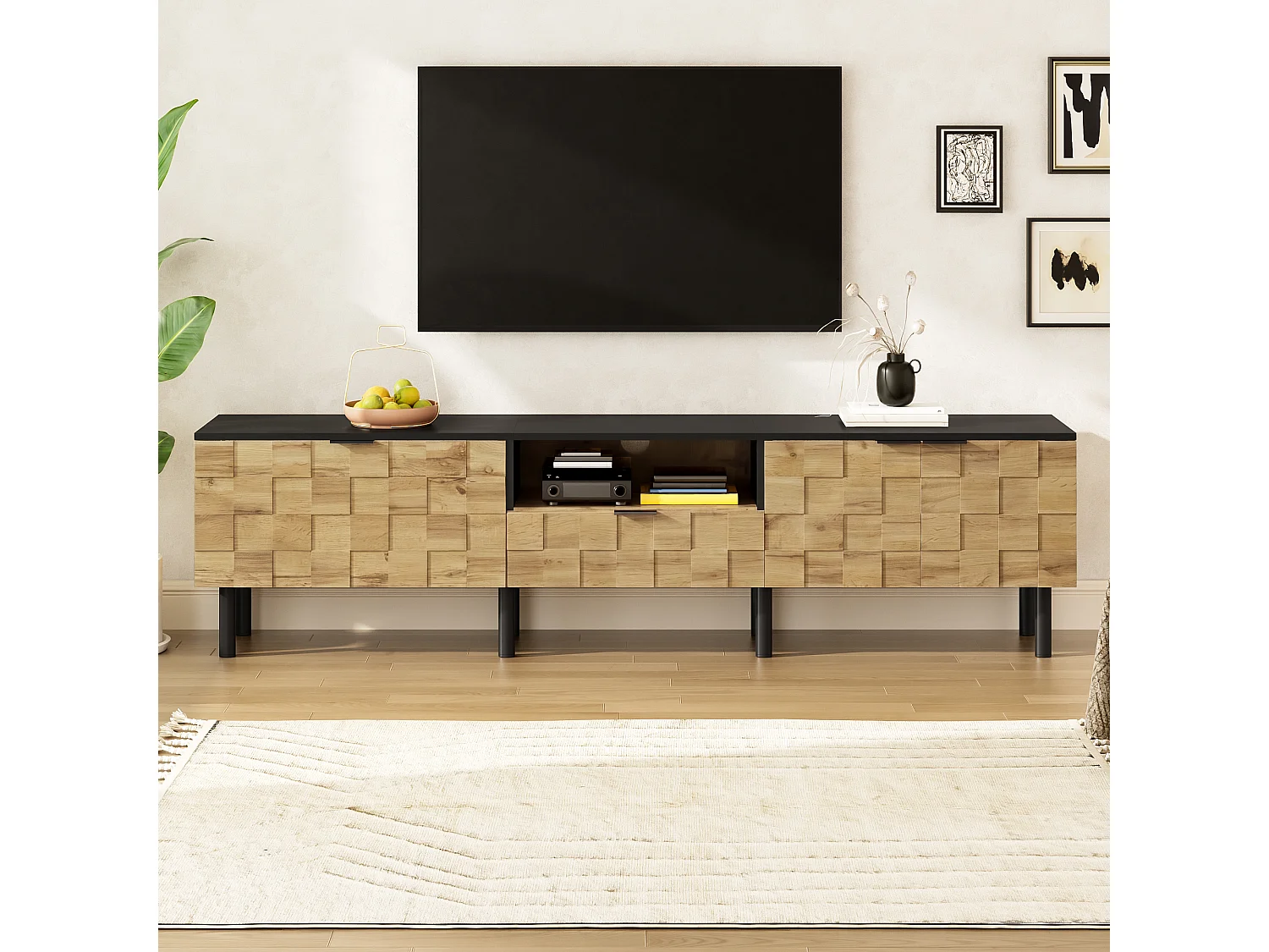Meuble TV Mosaic avec 3 portes et tiroir, pieds en métal - Naturel clair et noir