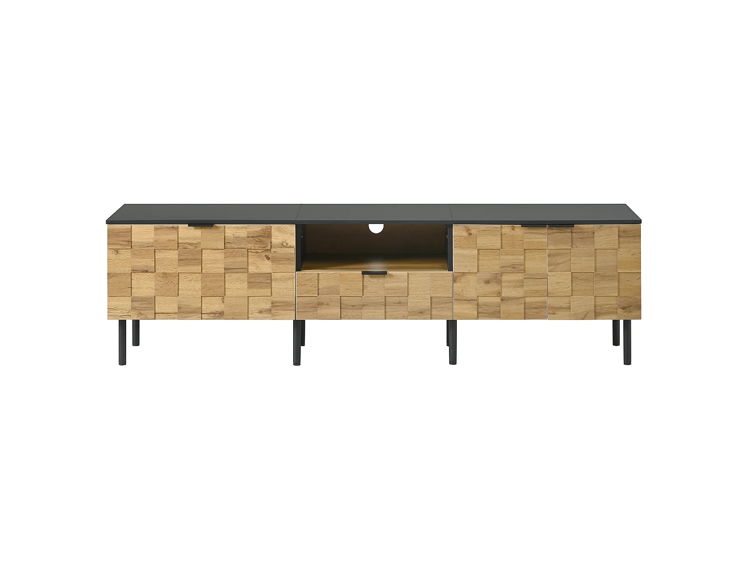 Meuble TV Mosaic avec 3 portes et tiroir, pieds en métal - Naturel clair et noir