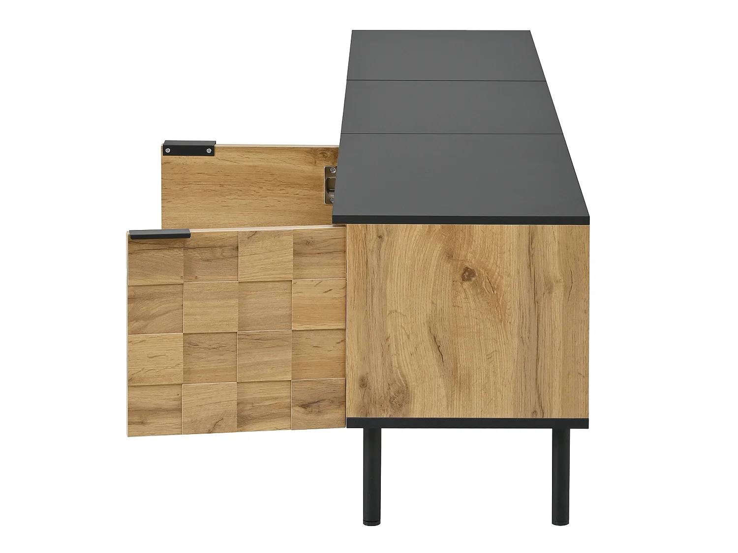 Meuble TV Mosaic avec 3 portes et tiroir, pieds en métal - Naturel clair et noir