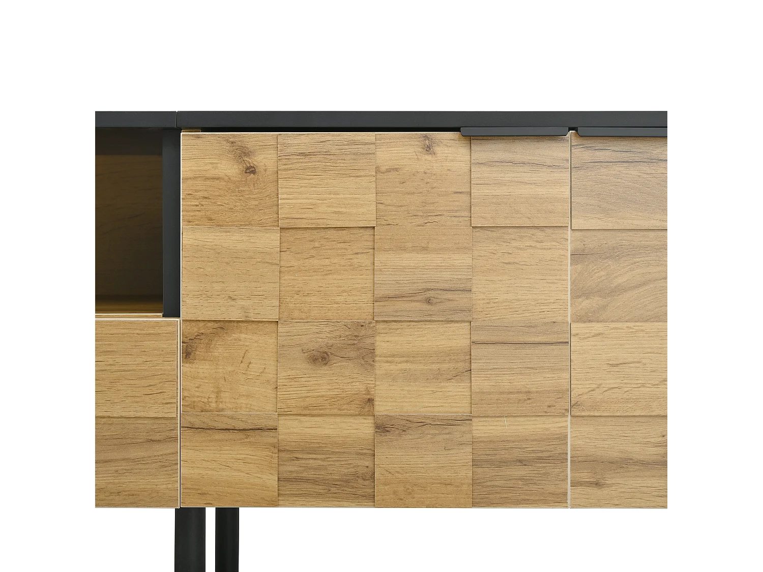 Meuble TV Mosaic avec 3 portes et tiroir, pieds en métal - Naturel clair et noir