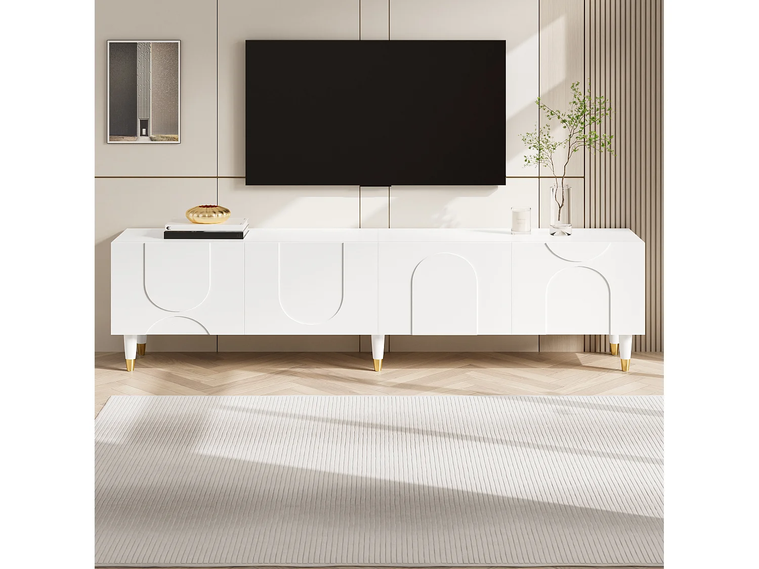 Meuble TV moderne 180x40x50 cm - avec 4 portes - Design en relief arqué - MDF + panneaux de particules - Blanc