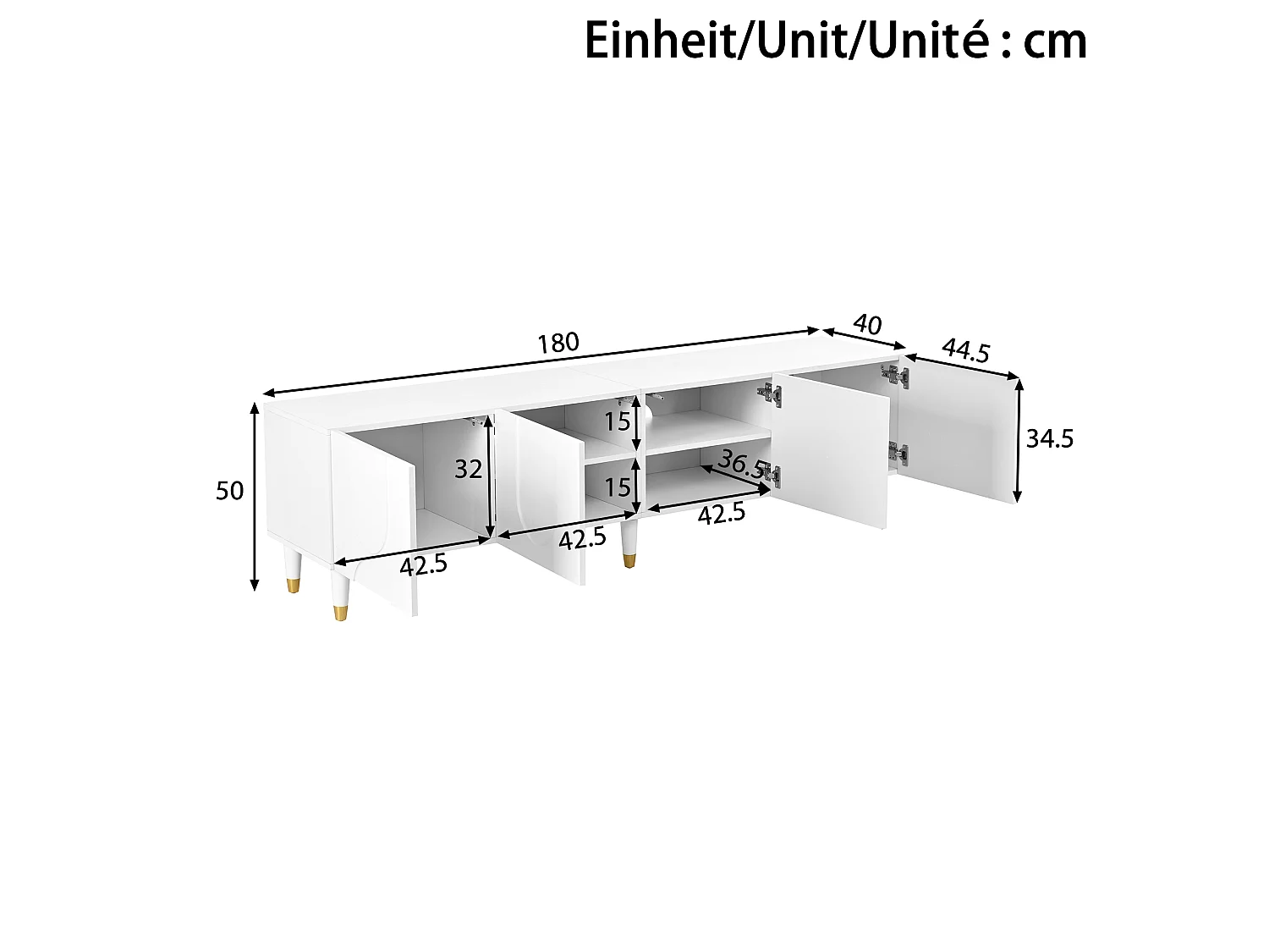 Meuble TV moderne 180x40x50 cm - avec 4 portes - Design en relief arqué - MDF + panneaux de particules - Blanc