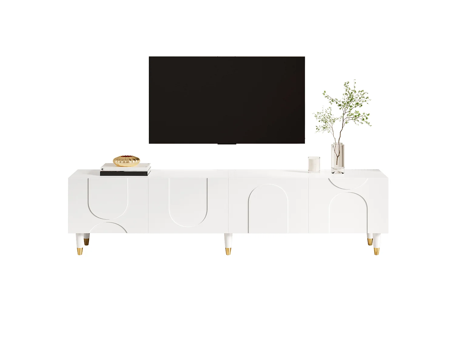 Meuble TV moderne 180x40x50 cm - avec 4 portes - Design en relief arqué - MDF + panneaux de particules - Blanc