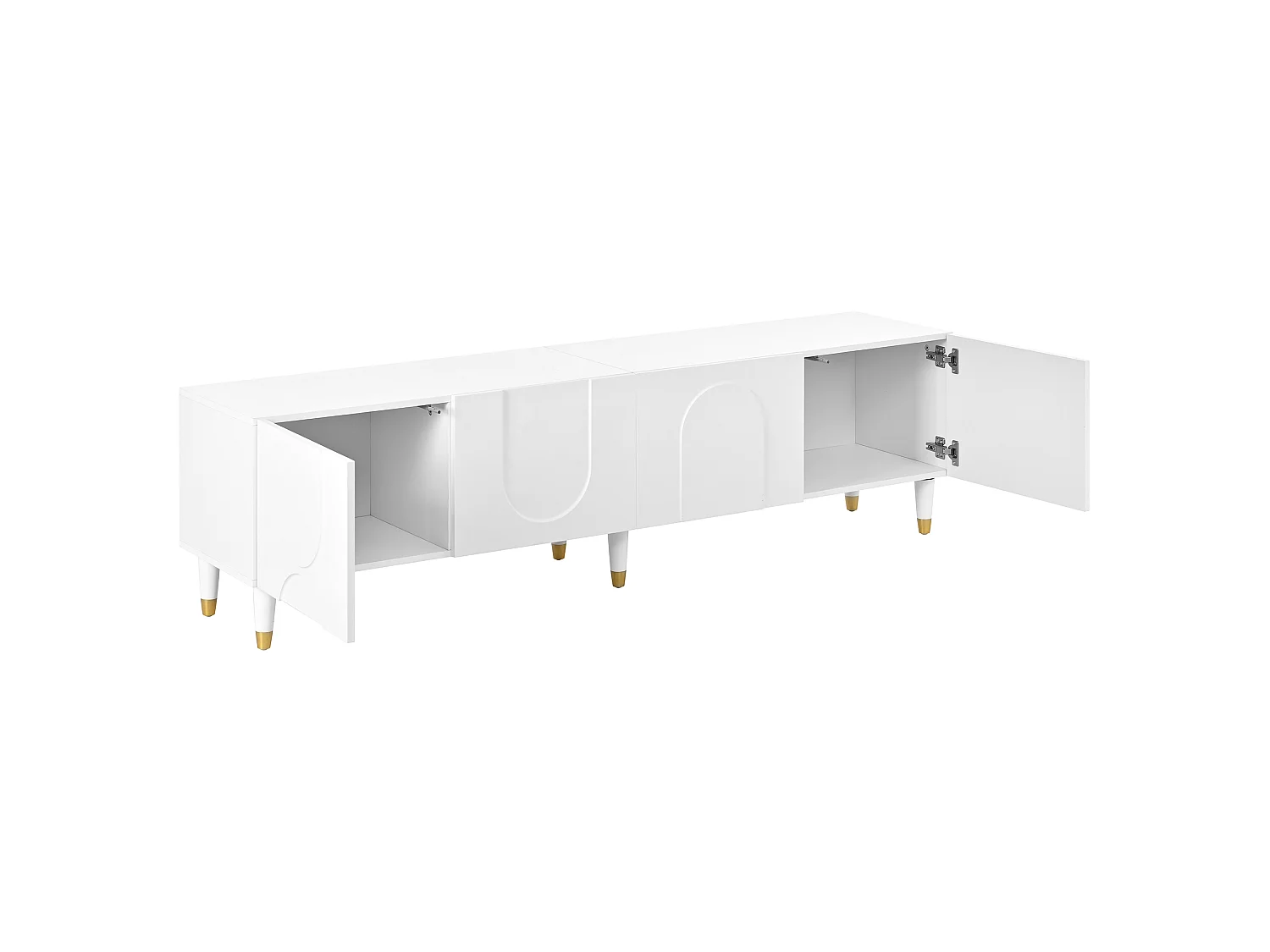 Meuble TV moderne 180x40x50 cm - avec 4 portes - Design en relief arqué - MDF + panneaux de particules - Blanc